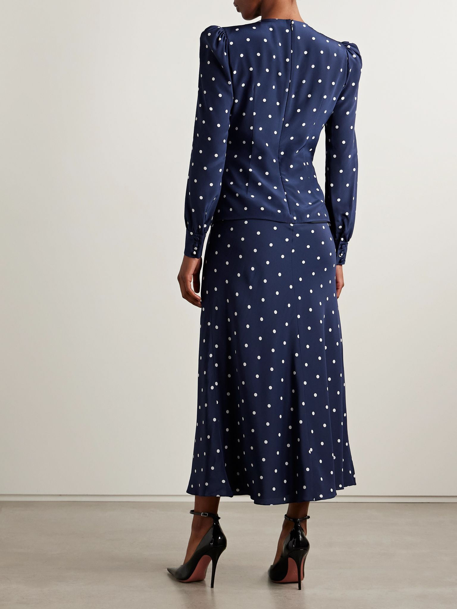 Embellished pleated polka-dot silk crepe de chine midi dress Navy - 3