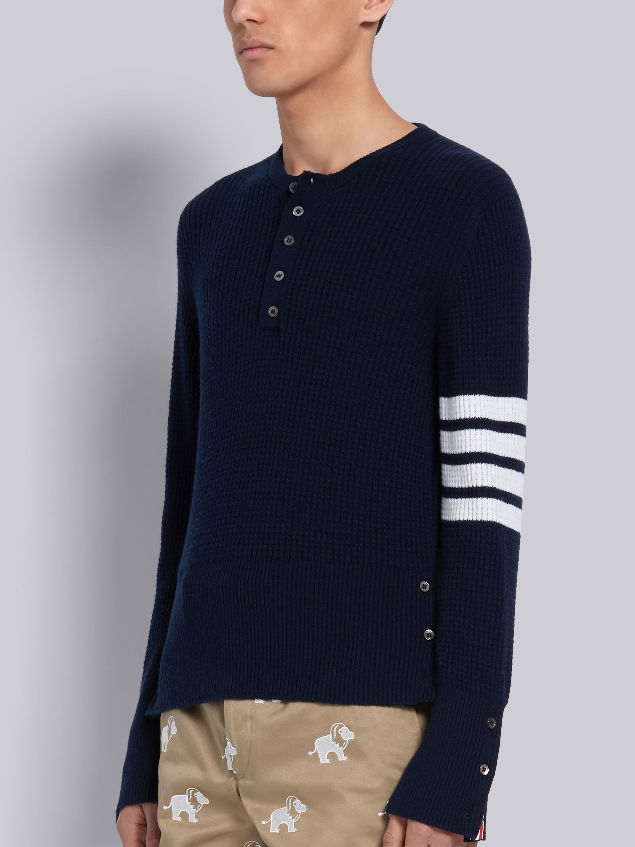 Navy Cashmere Waffle Stitch 4-Bar Stripe Henley - 2