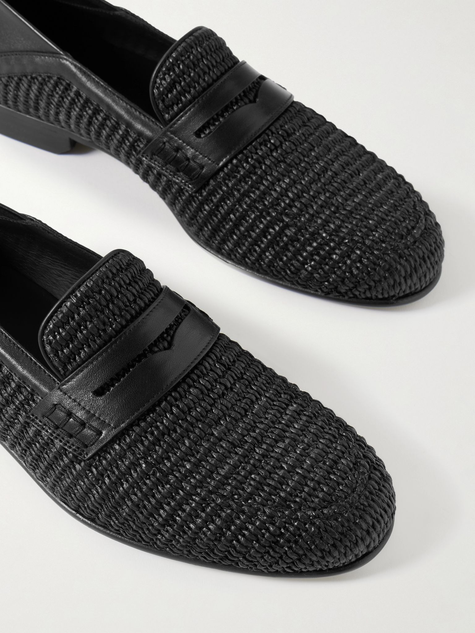 Padstow Collapsible-Heel Leather-Trimmed Raffia Loafers Black - 5