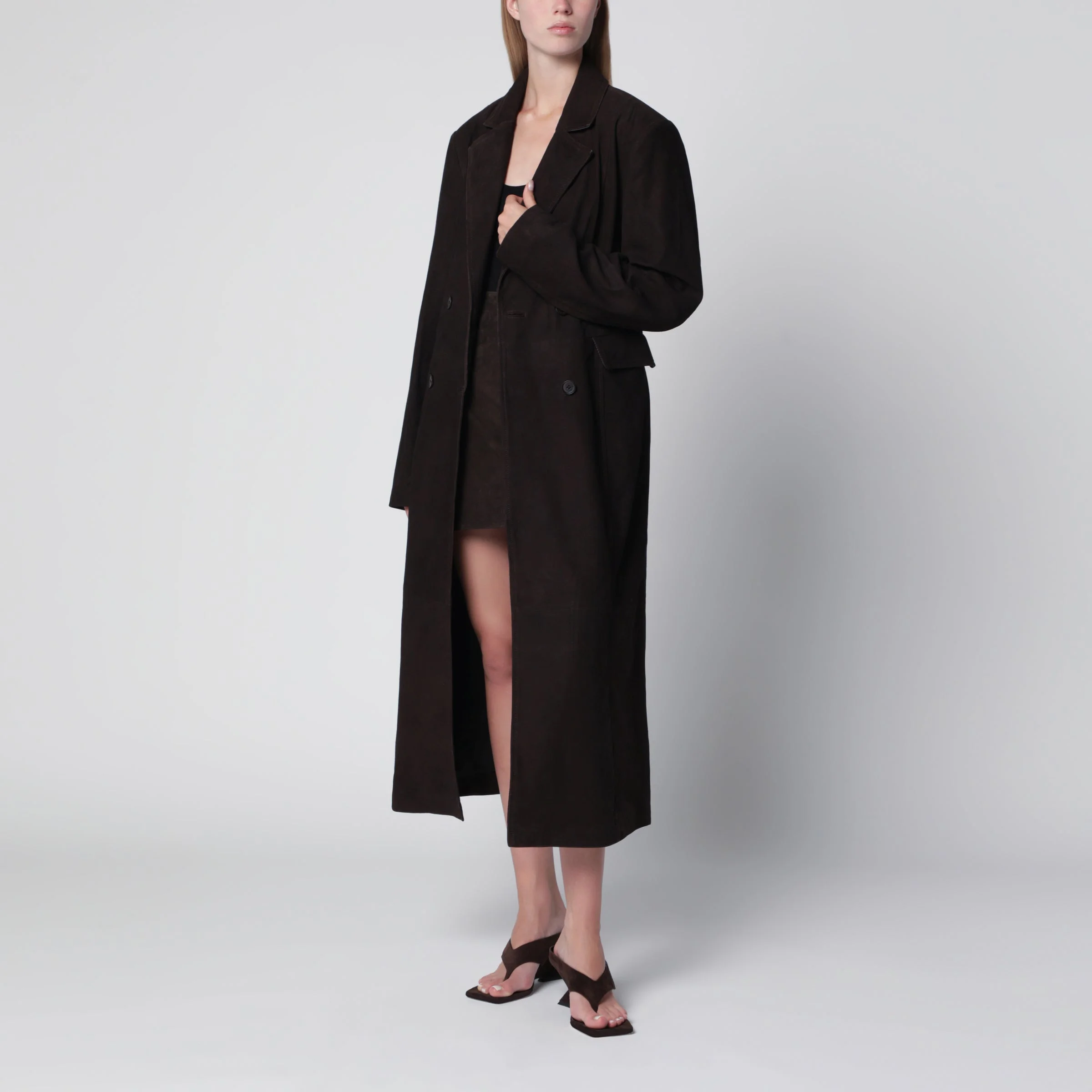 Dark brown double-breasted suede coat - 1