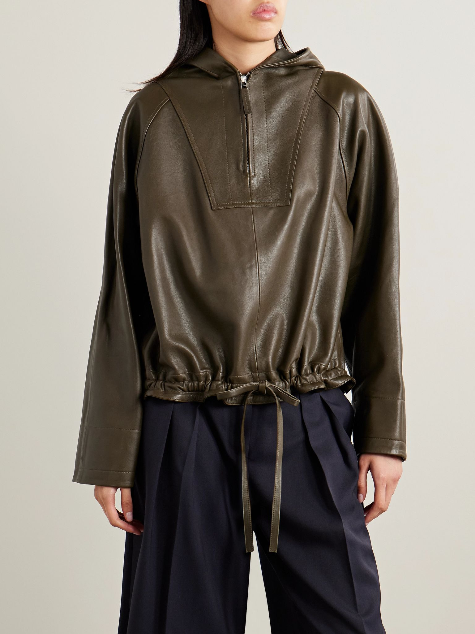 Leather hoodie Army green - 3