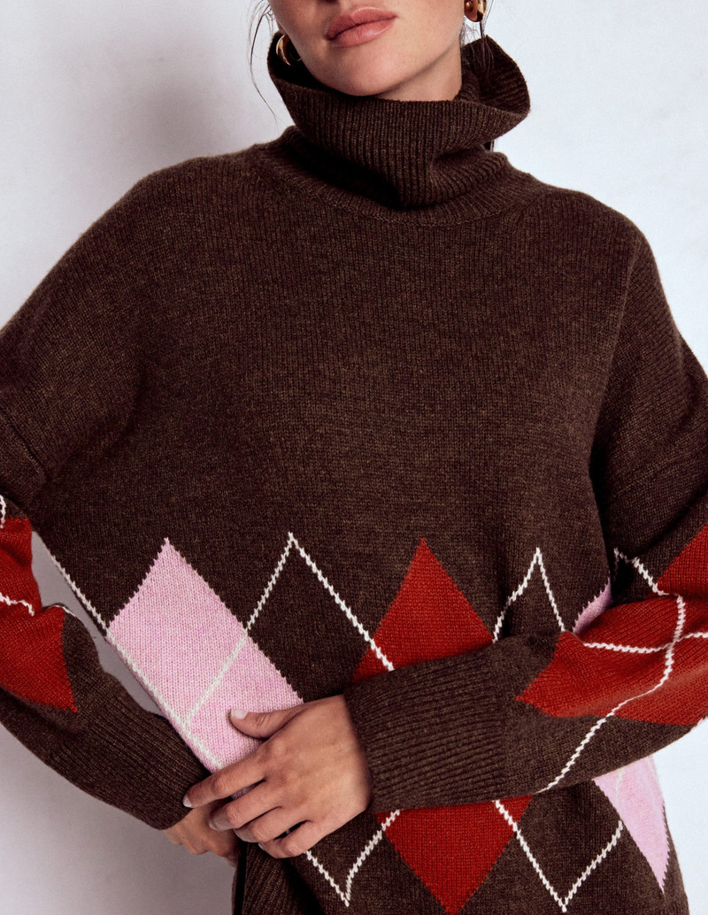 Polly Merino Roll Neck Sweater-Brown, Pink Argyle 4