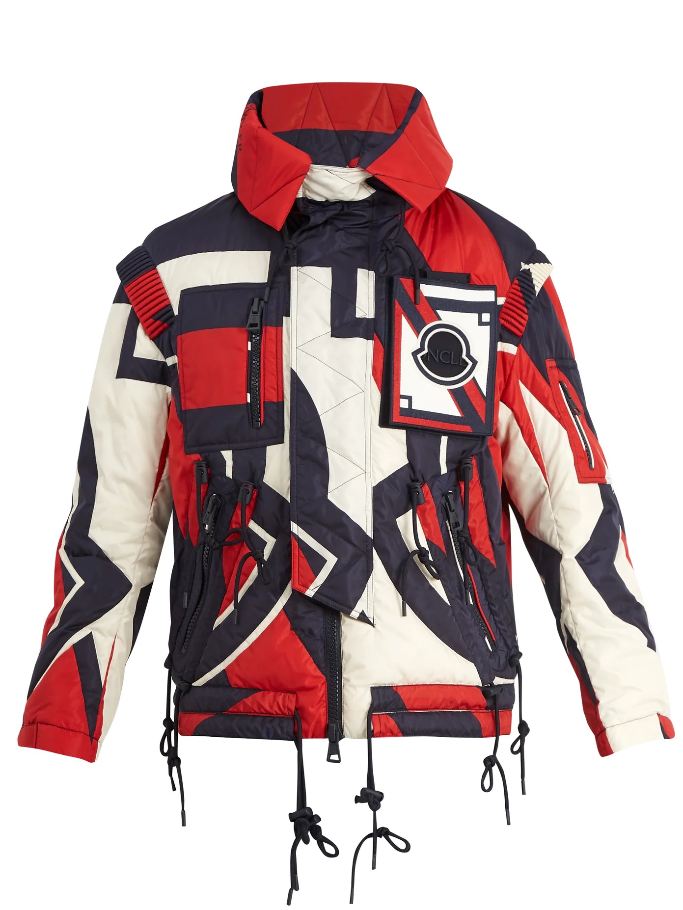 Abstract-print hooded quilted down jacket - 1