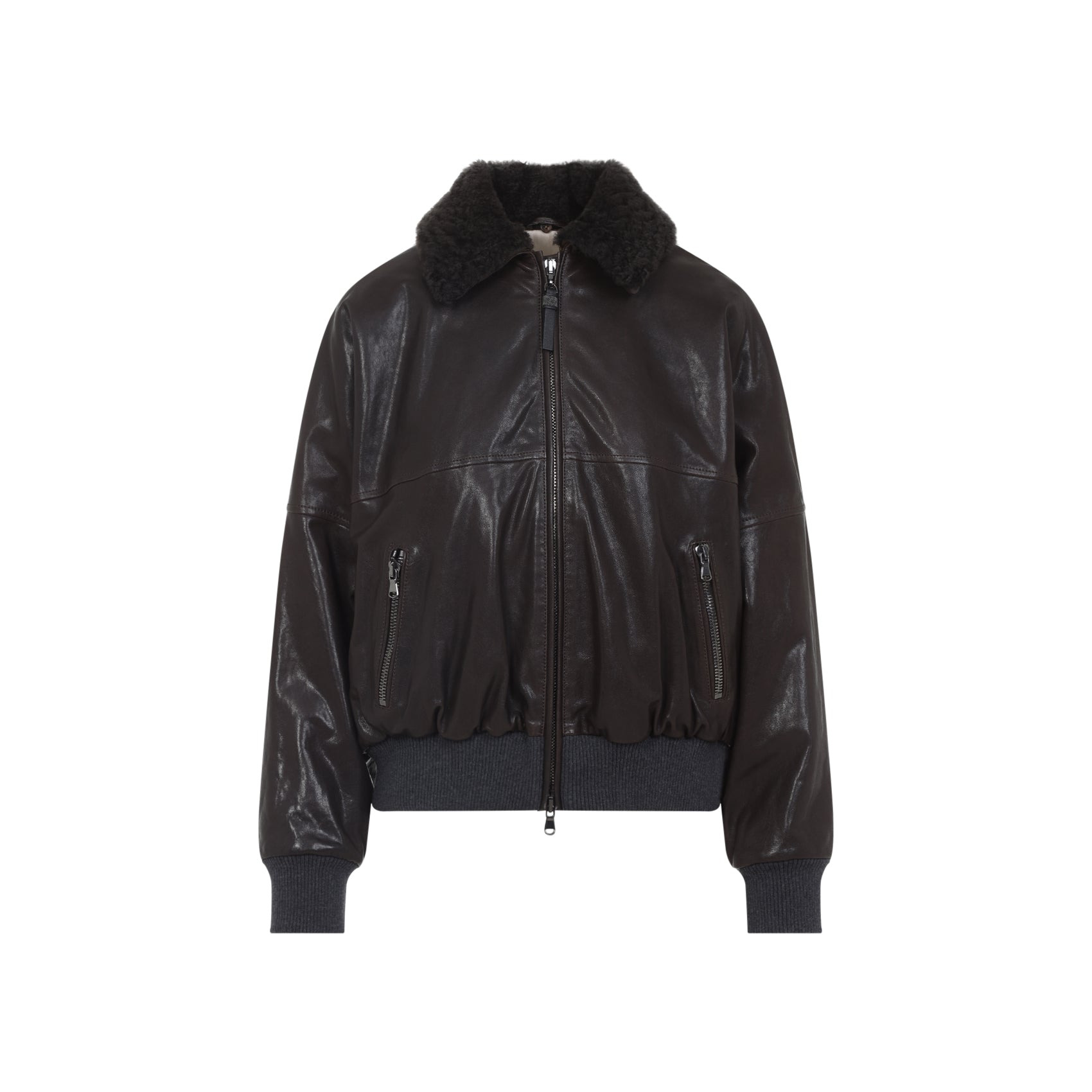 Brunello Cucinelli Shearling Collar Leather Jacket Women - 1