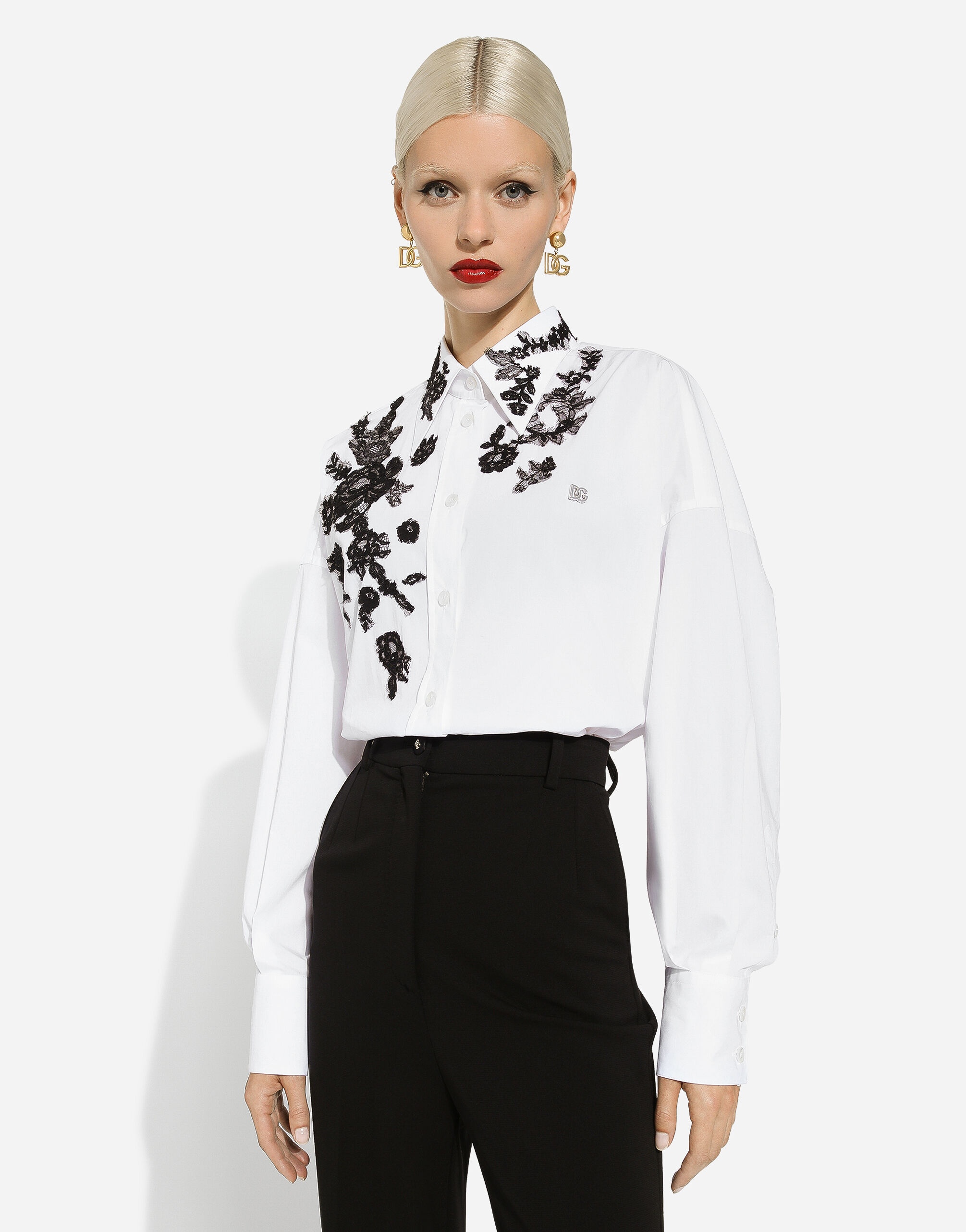 Oversize cotton shirt with lace appliqués - 4
