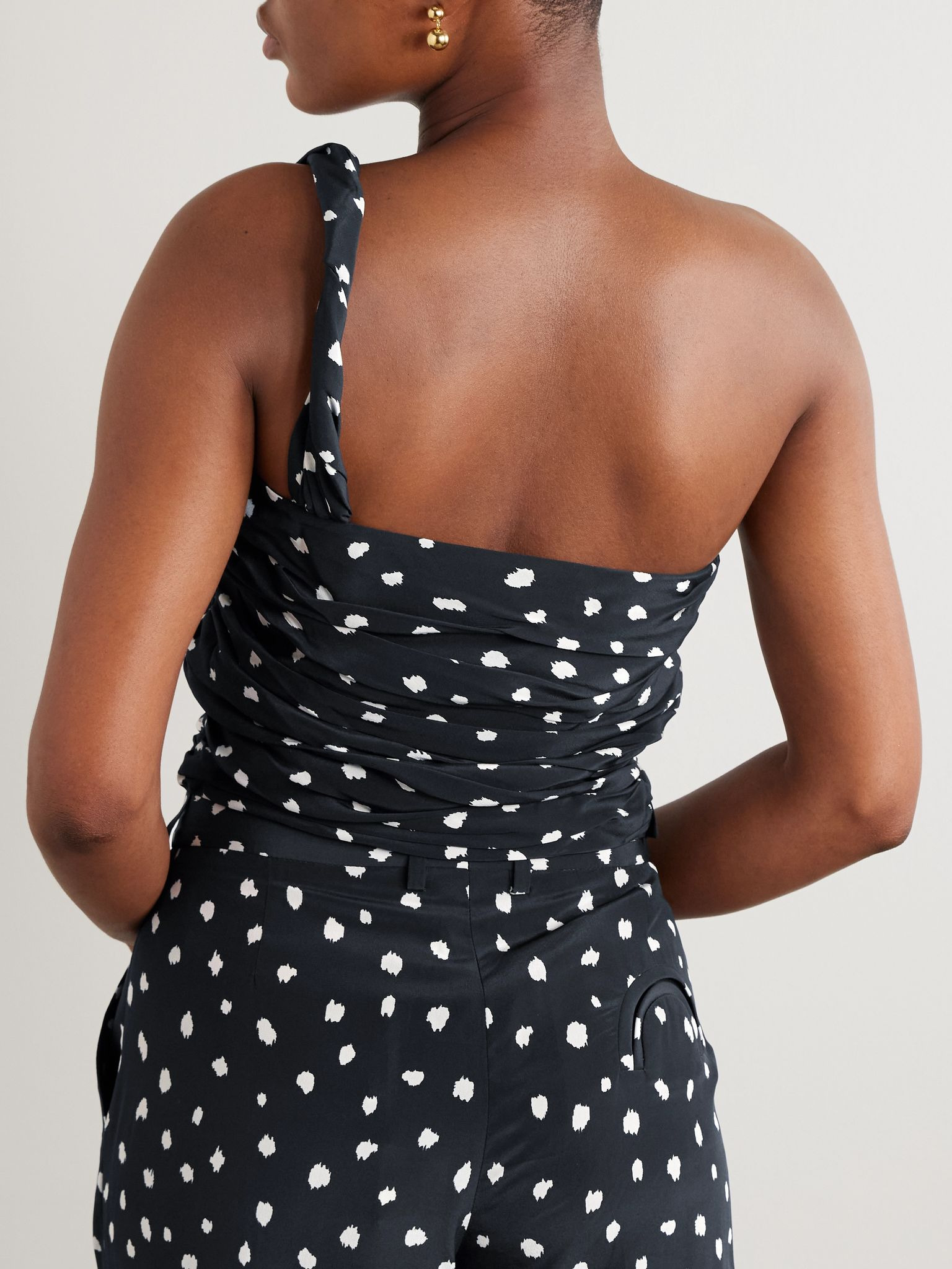 Mariquita Reef one-shoulder gathered printed silk crepe de chine top Navy - 3