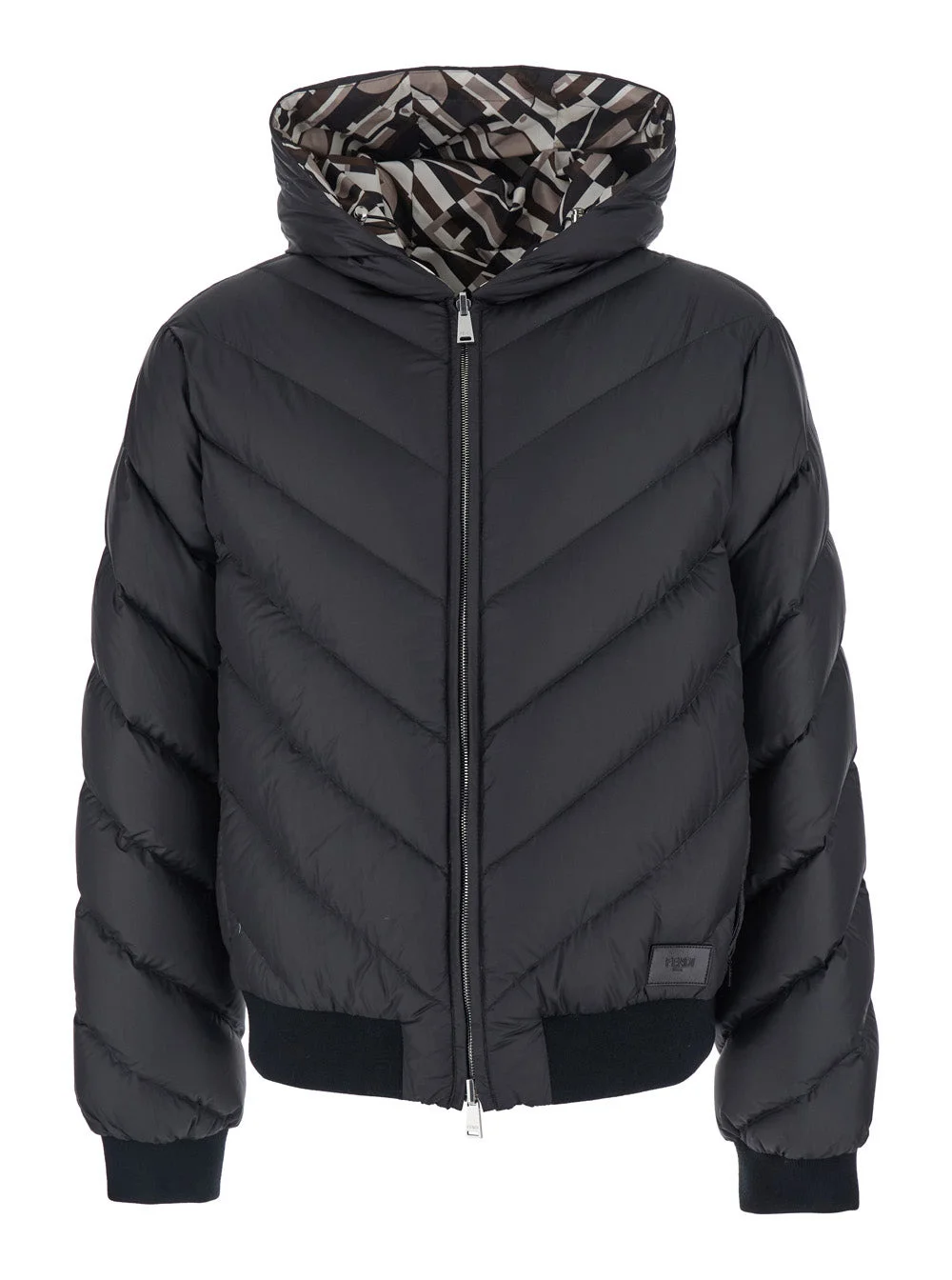 Fendi Men Black Reversible Down Jacket With Hood And Logo Patch On The Front In Tech Fabric Man - 1