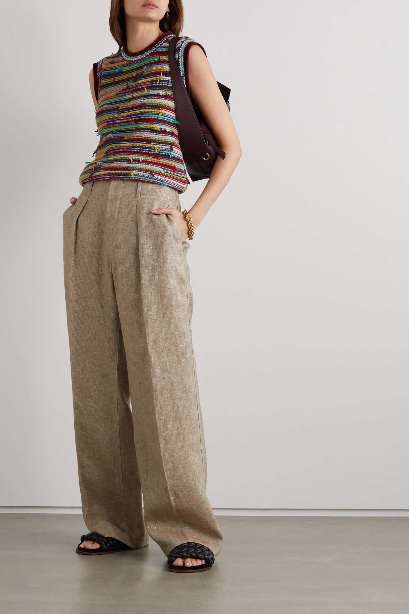 Herringbone linen-blend wide-leg pants - 2