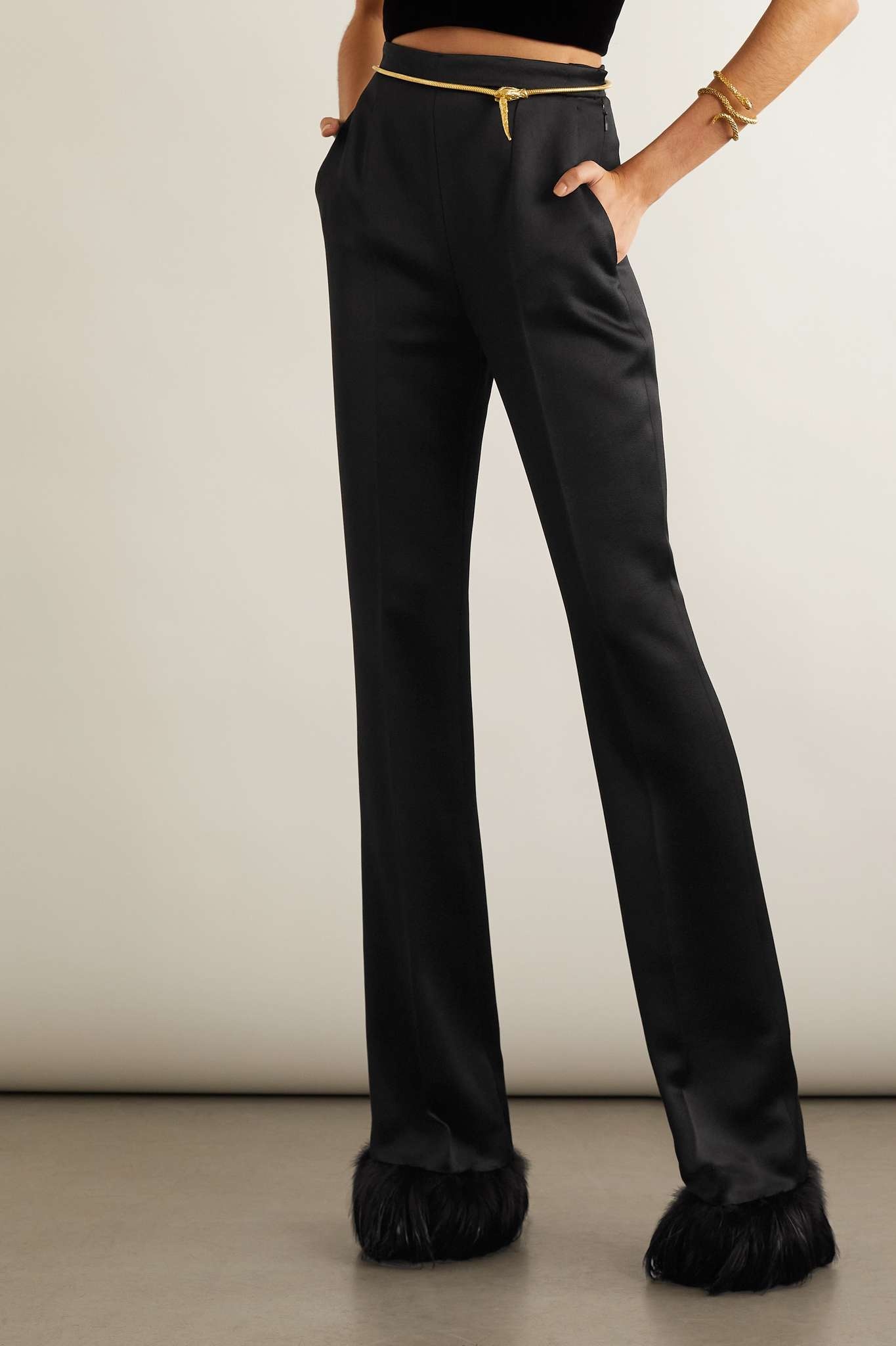 Feather-trimmed satin-crepe straight-leg pants - 3