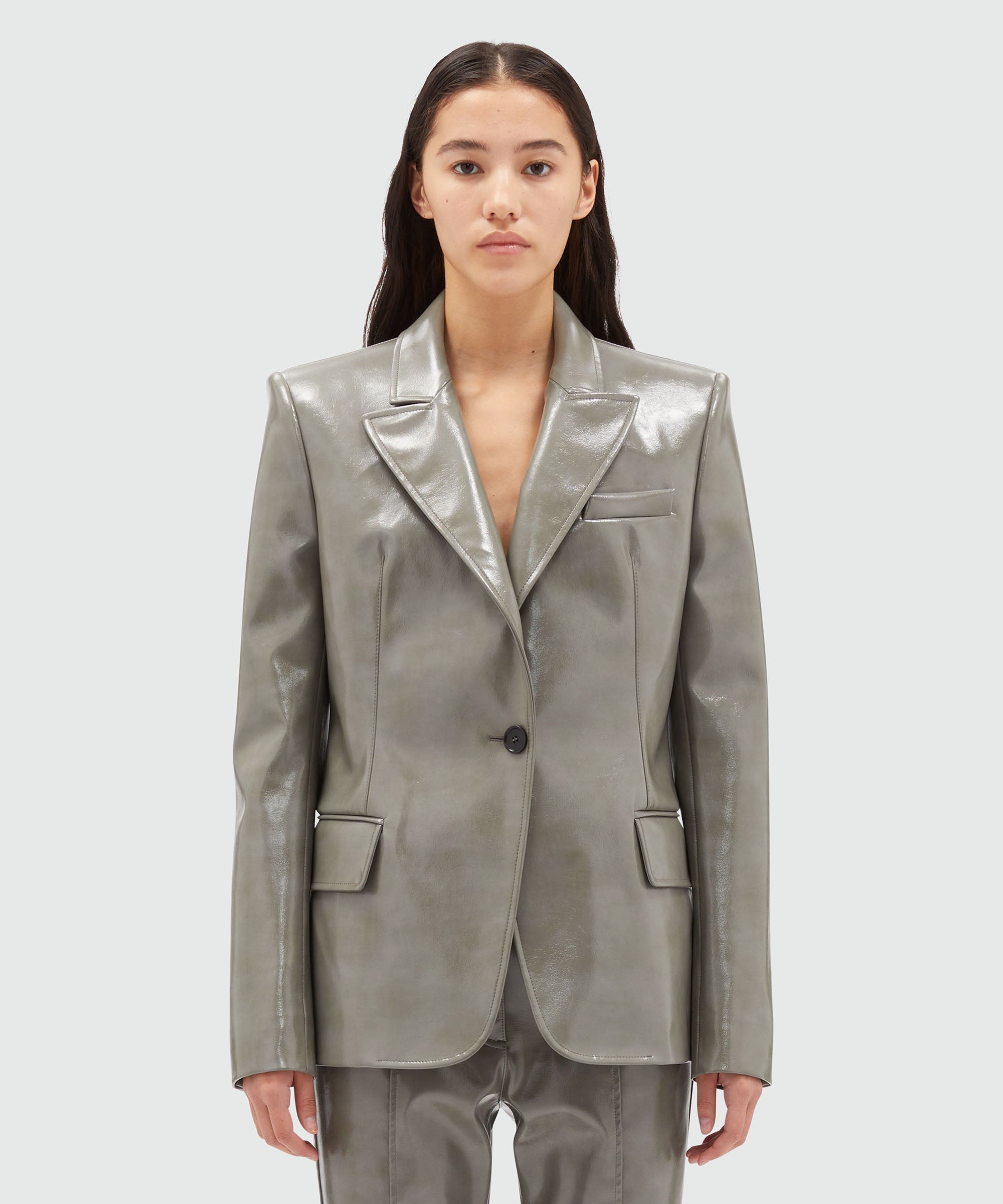 Grey patent leather single-breasted jacket - 2