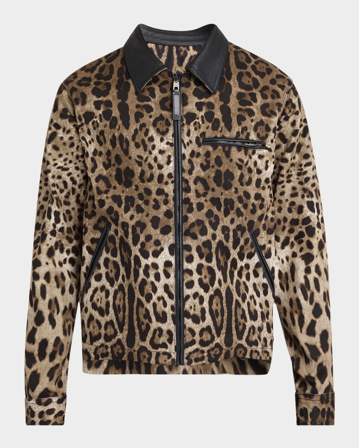 ジャケット・アウター D&G leopard ram leather jacket archive Dolce & Gabbana Men's Leopard-Print Leather-Trim Full-Zip