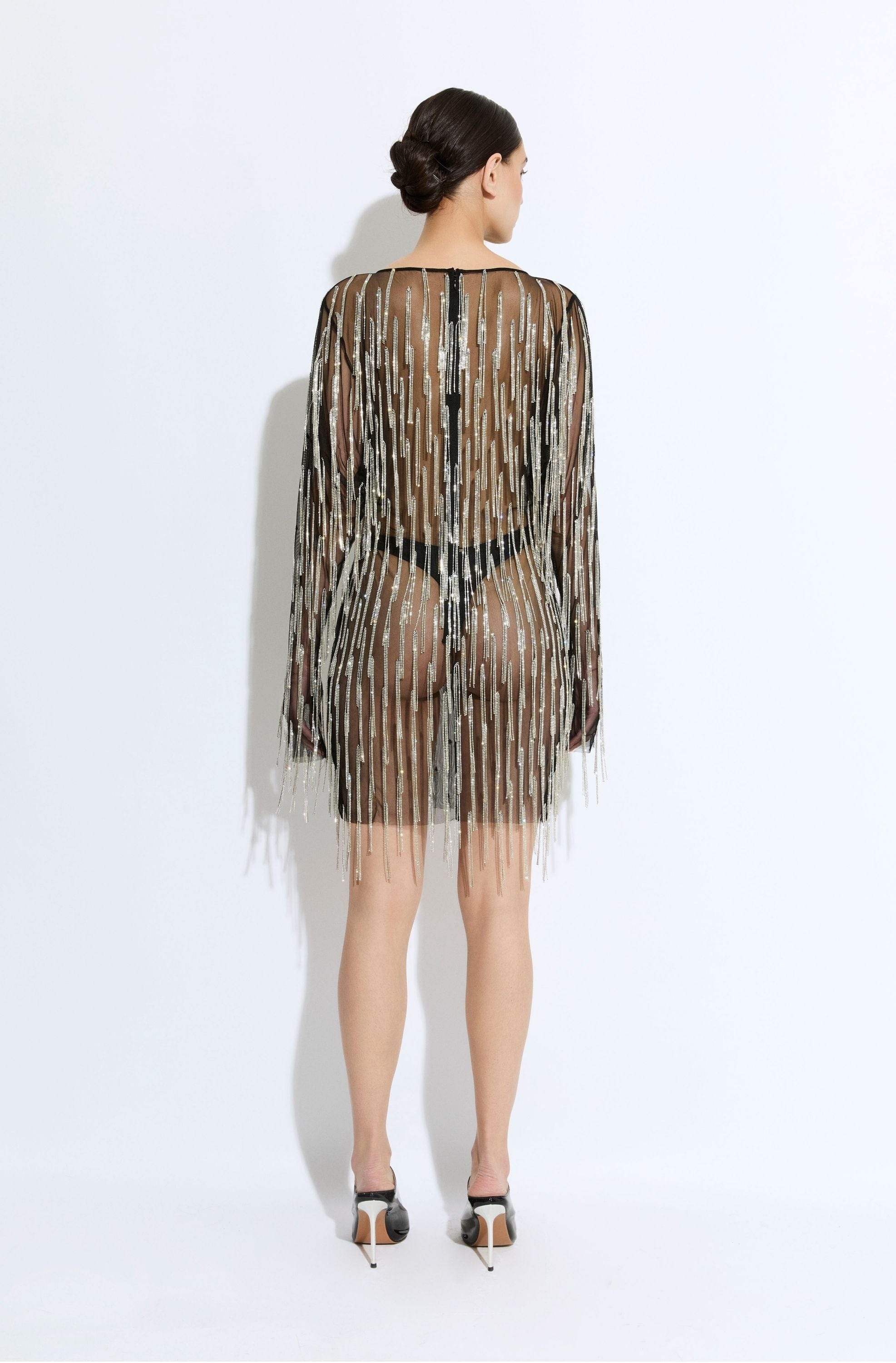 Rhinestone Fringe Boatneck Mini Dress - 3