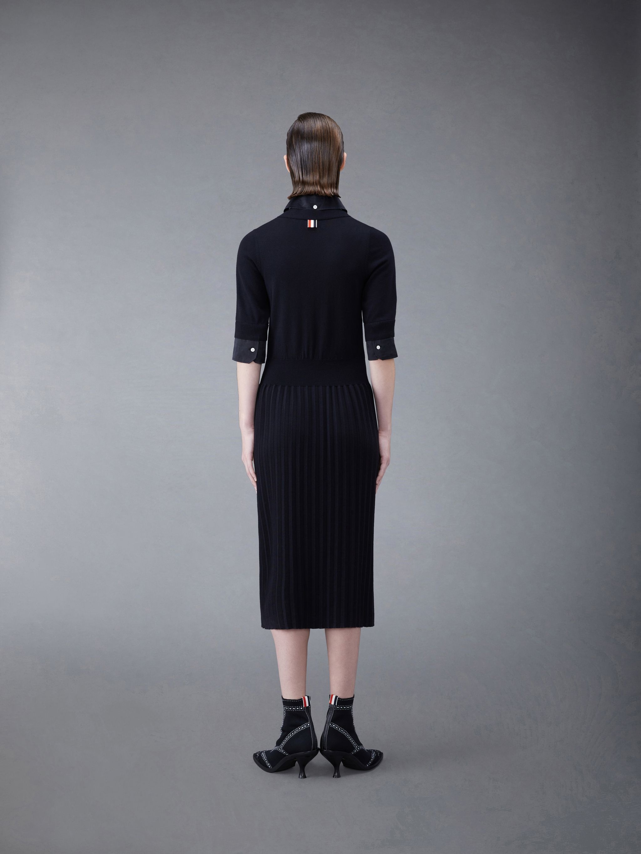 Wool Jersey Organza Pleated Bottom Ribbon Tie Combo Shirtdress - 3