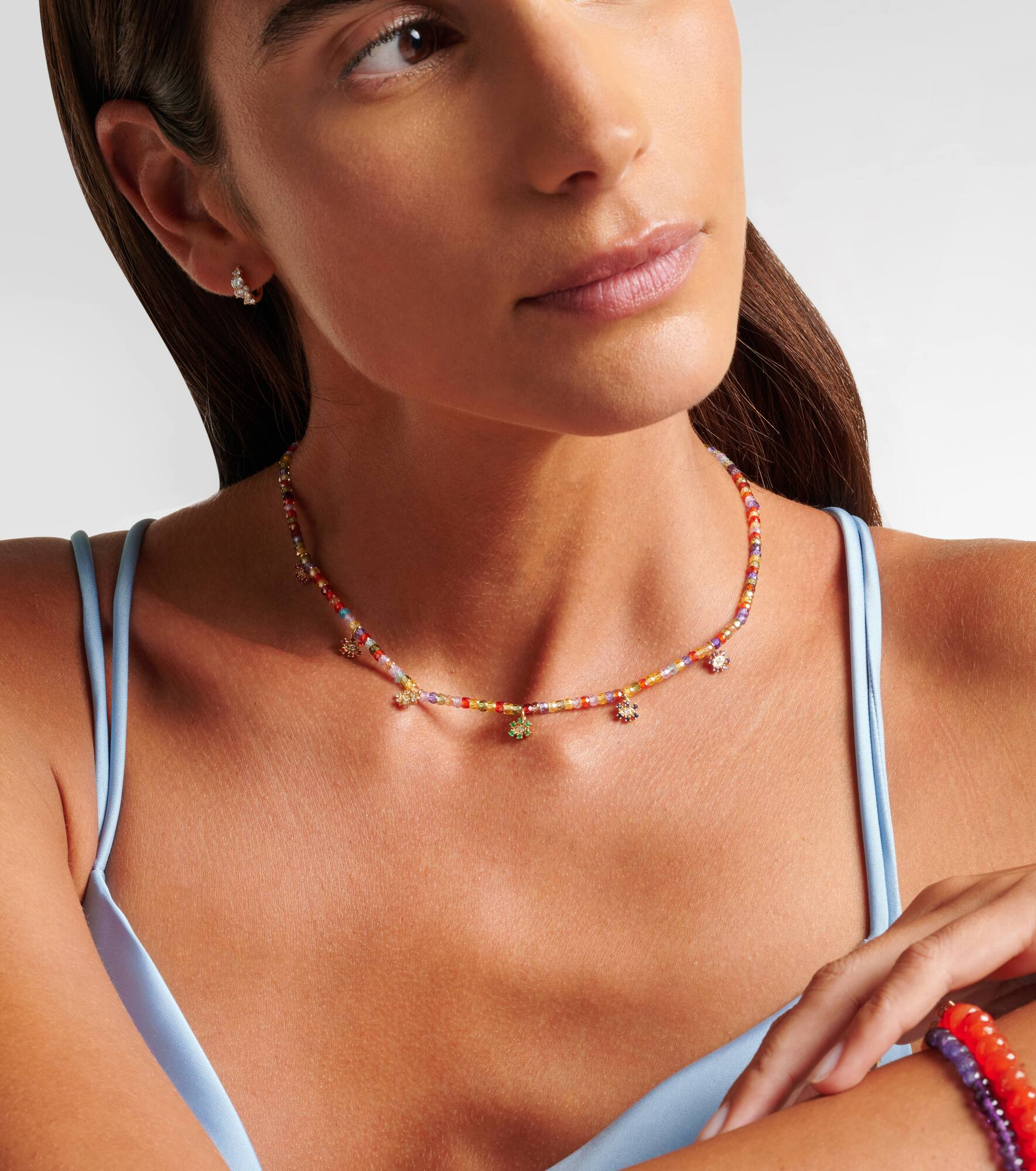 Evil Eye 14kt gold beaded necklace with diamonds - 3