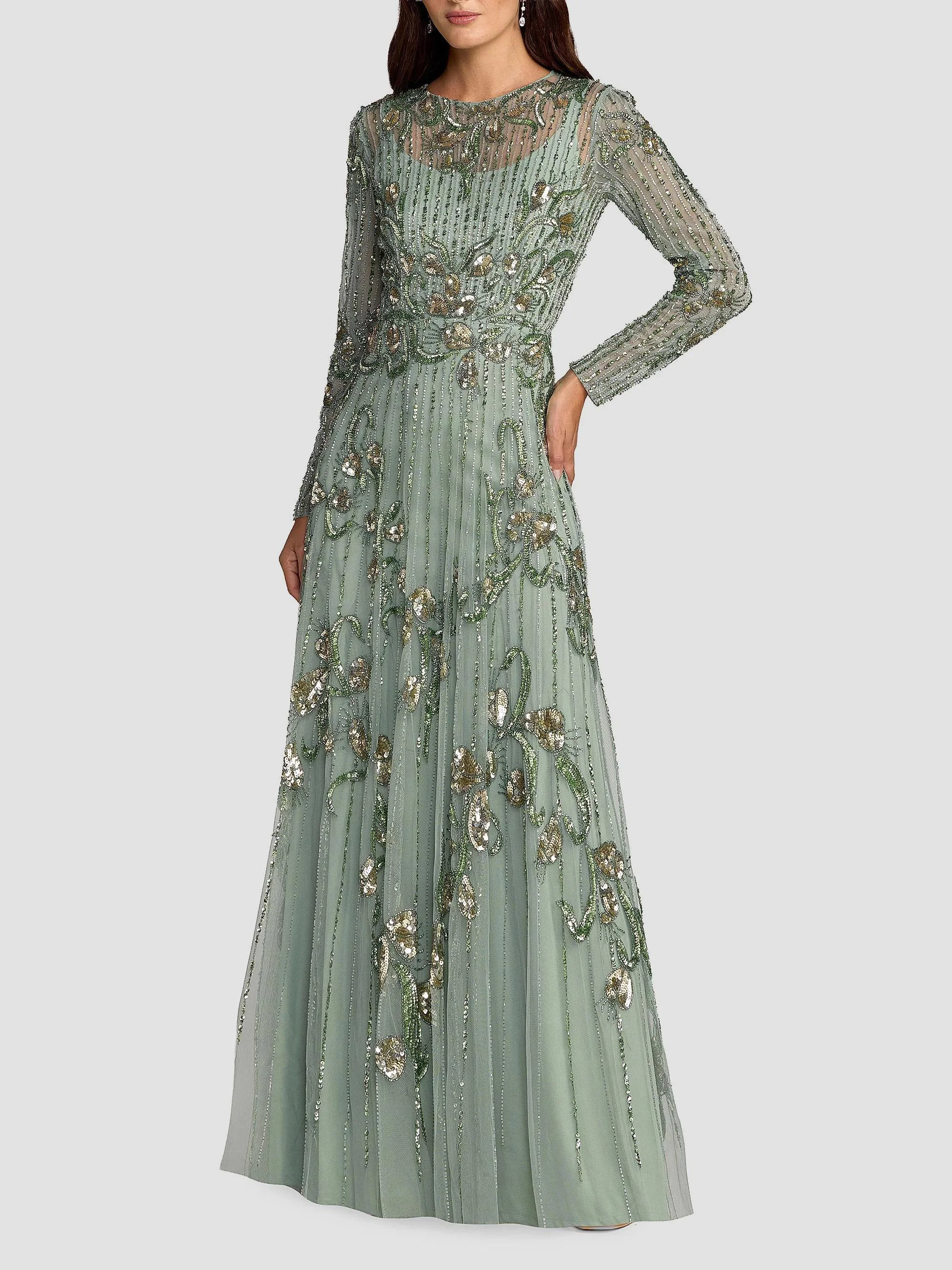 Women's Embellished Tulle A-Line Gown - Sage - 1