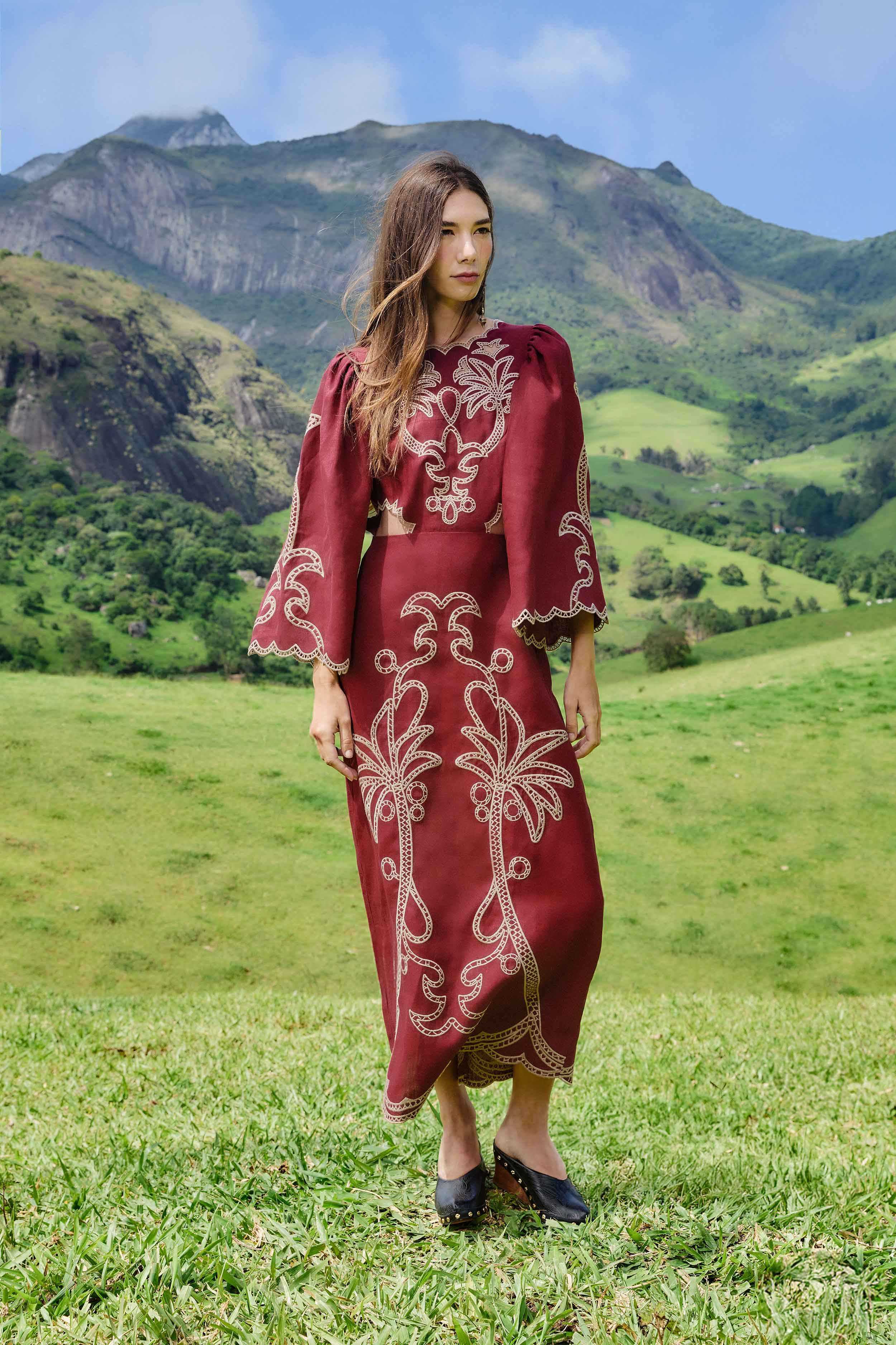 Red Artisanal Cut-Out Embroidered Euroflax™ Premium Linen Maxi Dress - 2