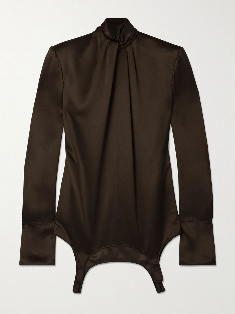 Twisted silk-satin turtleneck mini dress Dark brown - 1