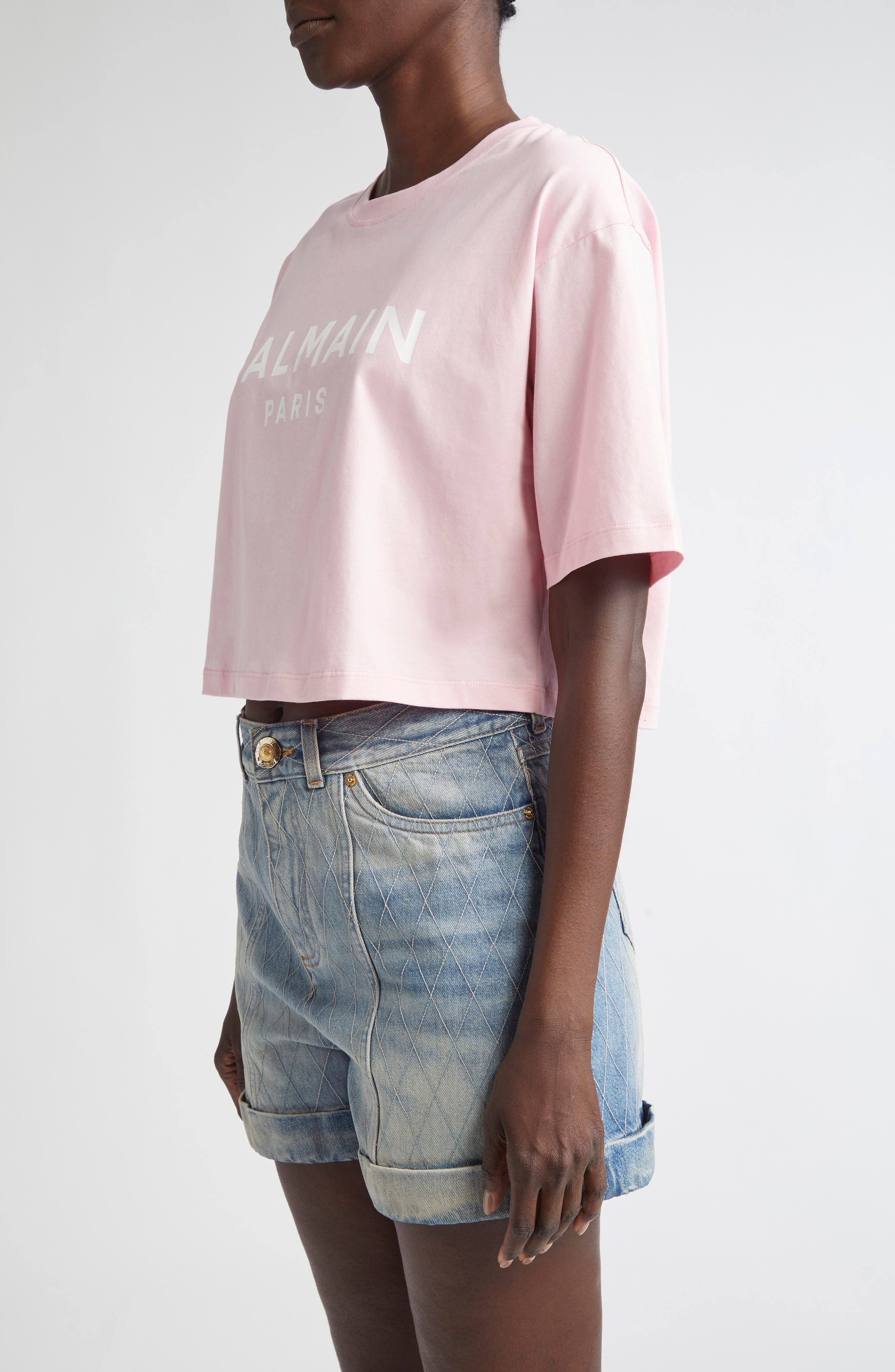 Balmain Logo Crop Cotton Graphic T-Shirt in Ohv Red/White at Nordstrom - 3