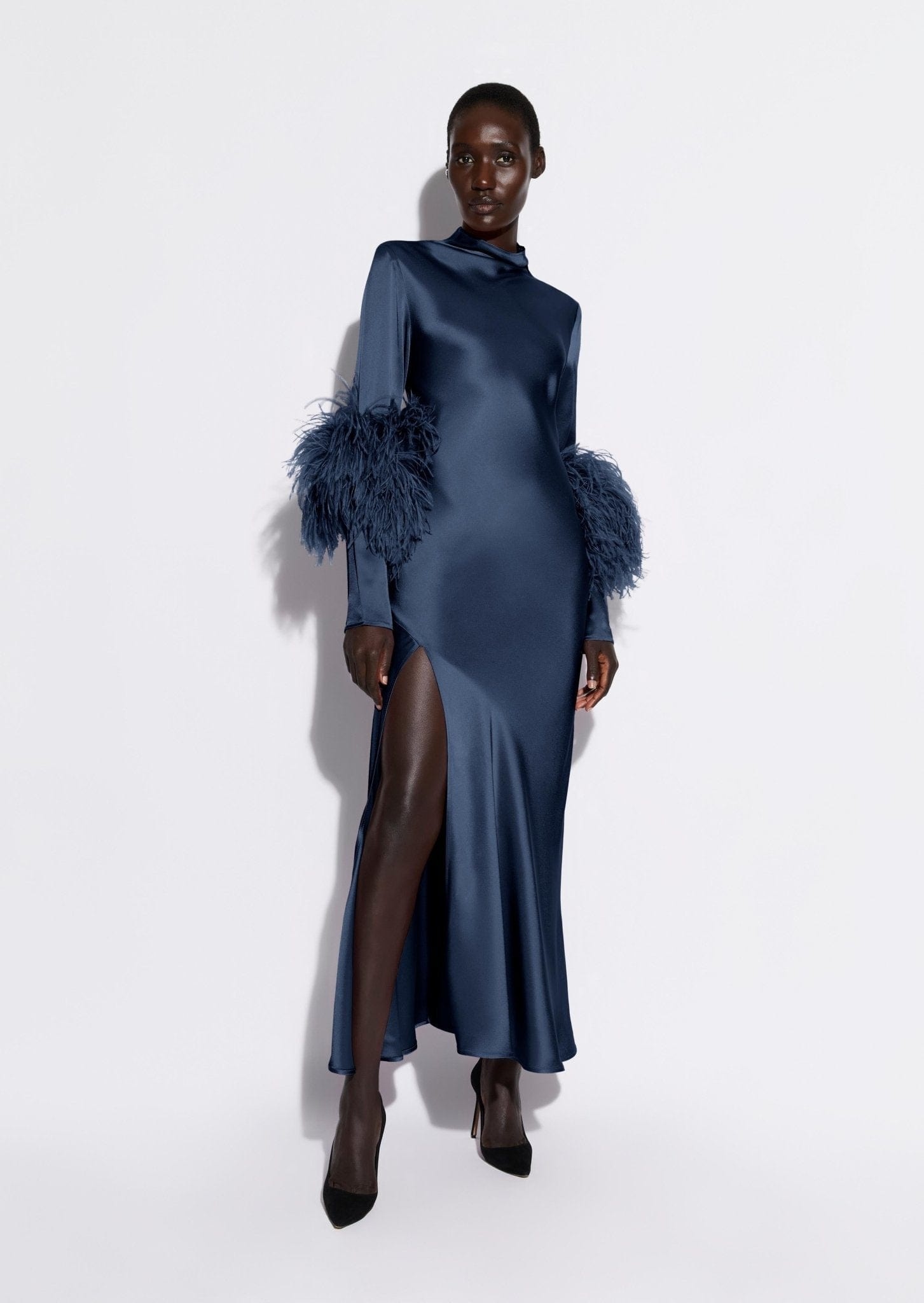 Satin Bias Feather Dress With Slit - 2