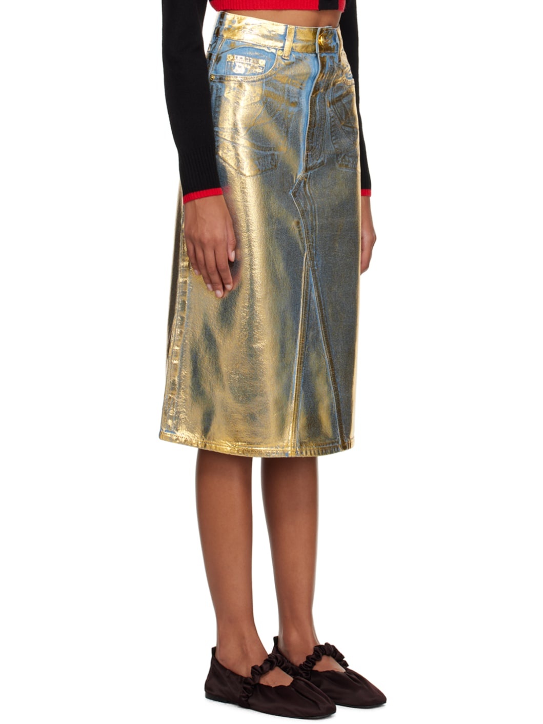 Blue & Gold Foil-Coated Denim Midi Skirt - 2