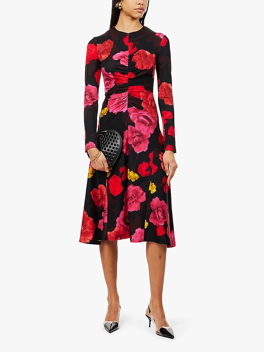 Floral-print ruched stretch-woven jersey midi dress - 2