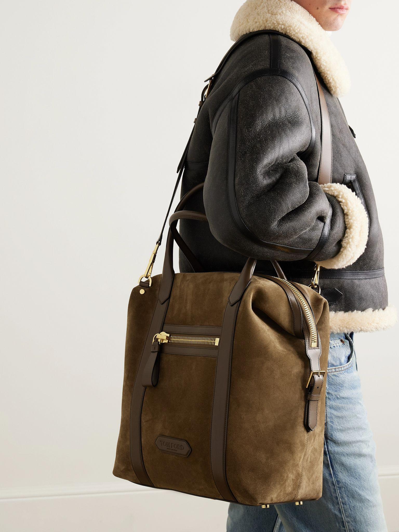 Leather-Trimmed Suede Tote Bag Brown - 6