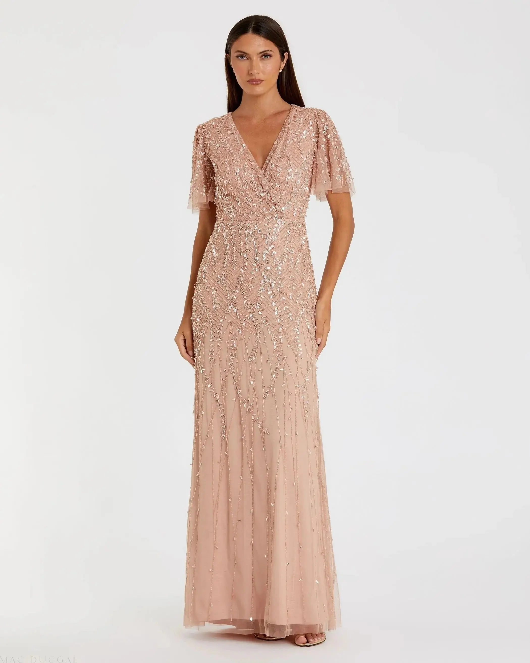 Pink Embellished Flutter Sleeve Gown - 1