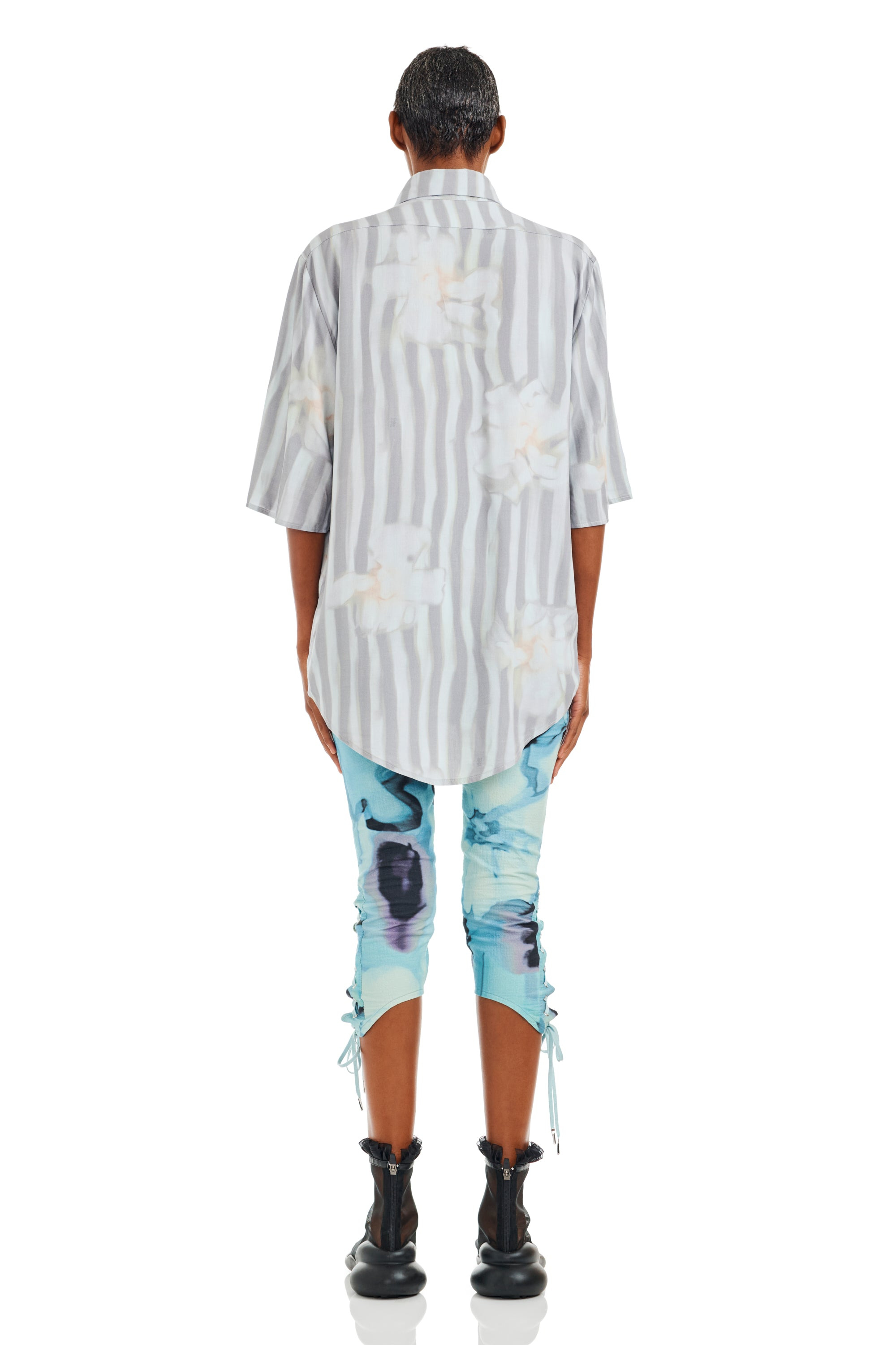 WASHED WAVY NAVY FLOWER STRIPE SUNNY BUTTON UP - 3