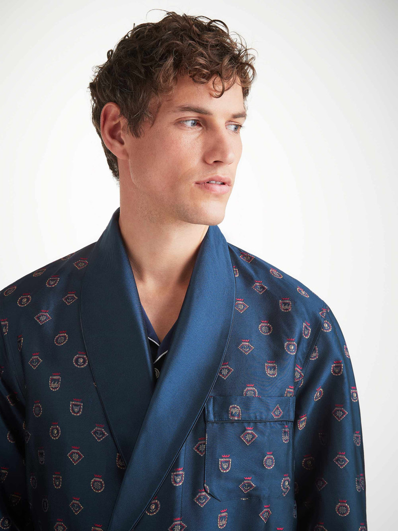 Men's Robe Silk Jacquard Navy Badge Pattern 1