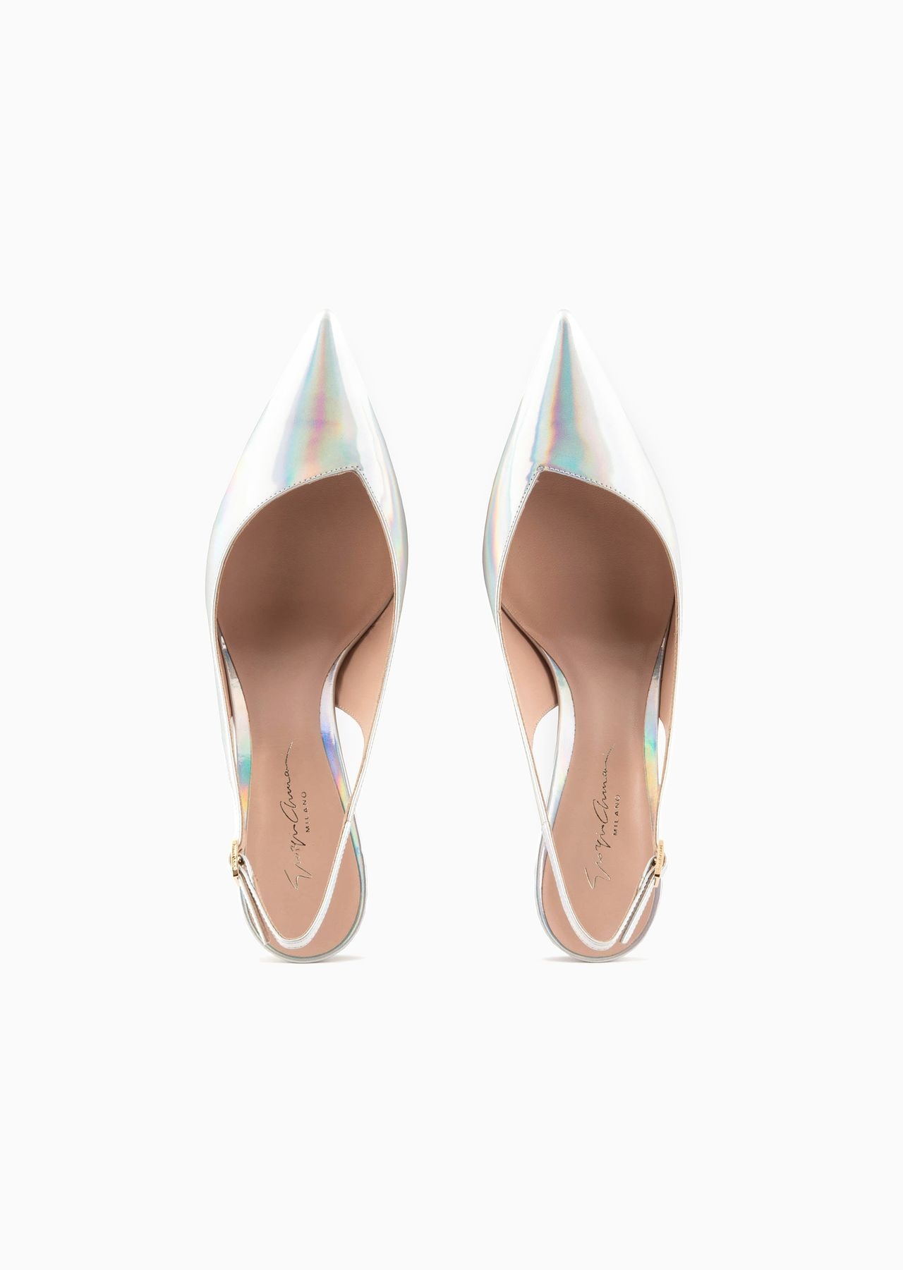 Iridescent leather heeled slingbacks with asymmetric collar - 3