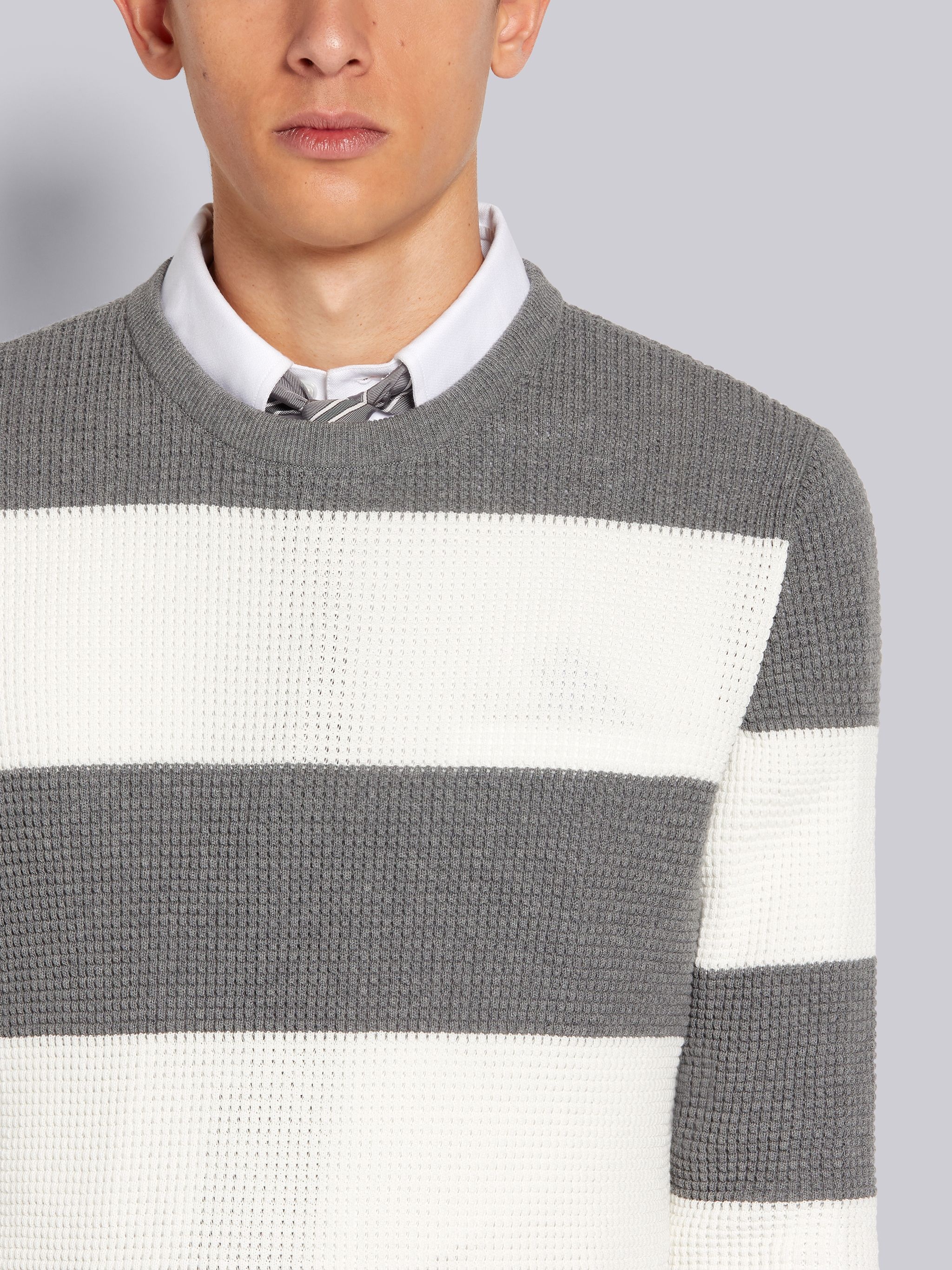 Light Grey Cotton Textured Rugby Stripe Classic Fit Crew Neck Pullover - 5