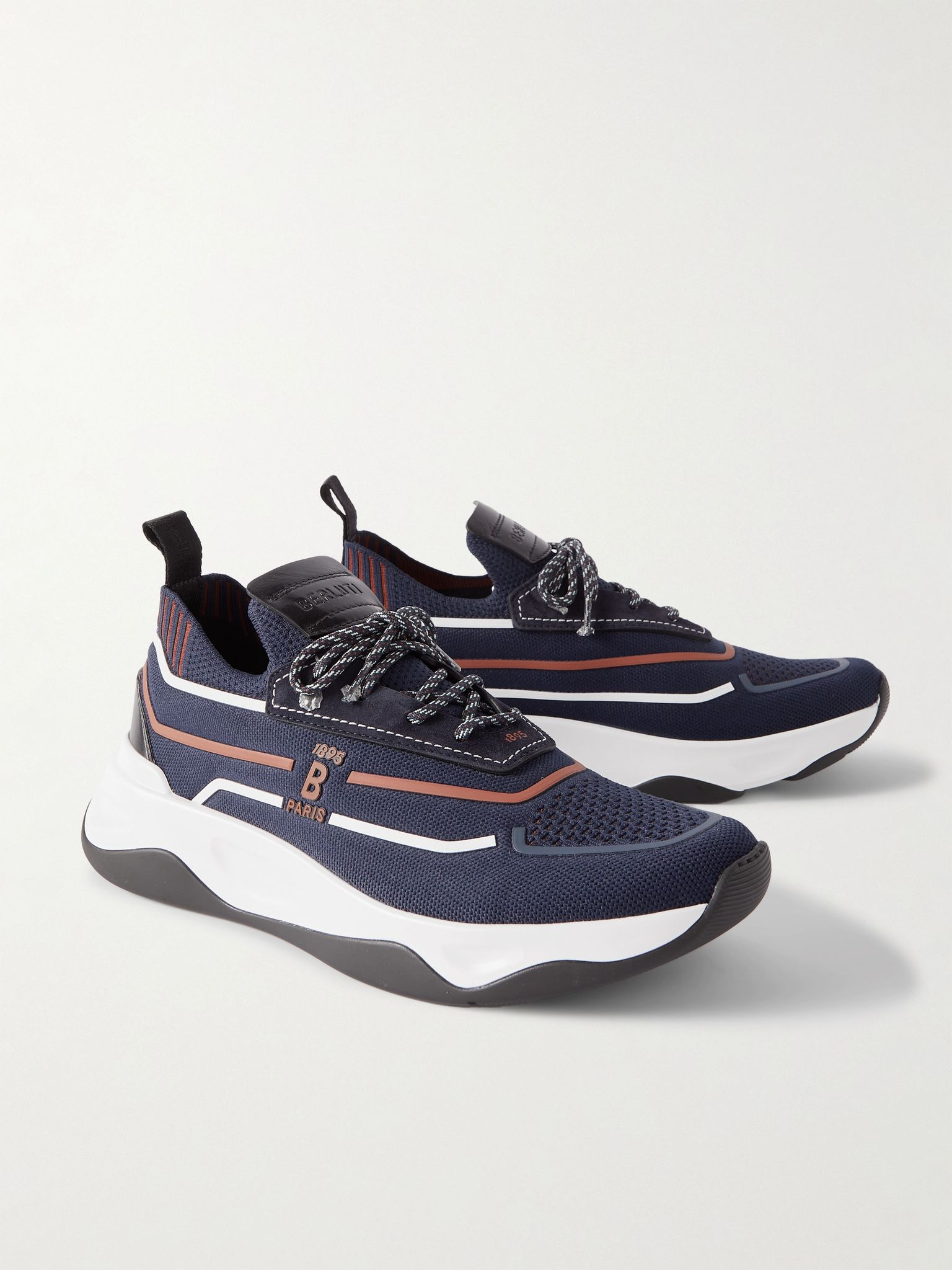 Shadow Suede, Leather and Rubber-Trimmed Stretch-Knit Sneakers Navy - 4