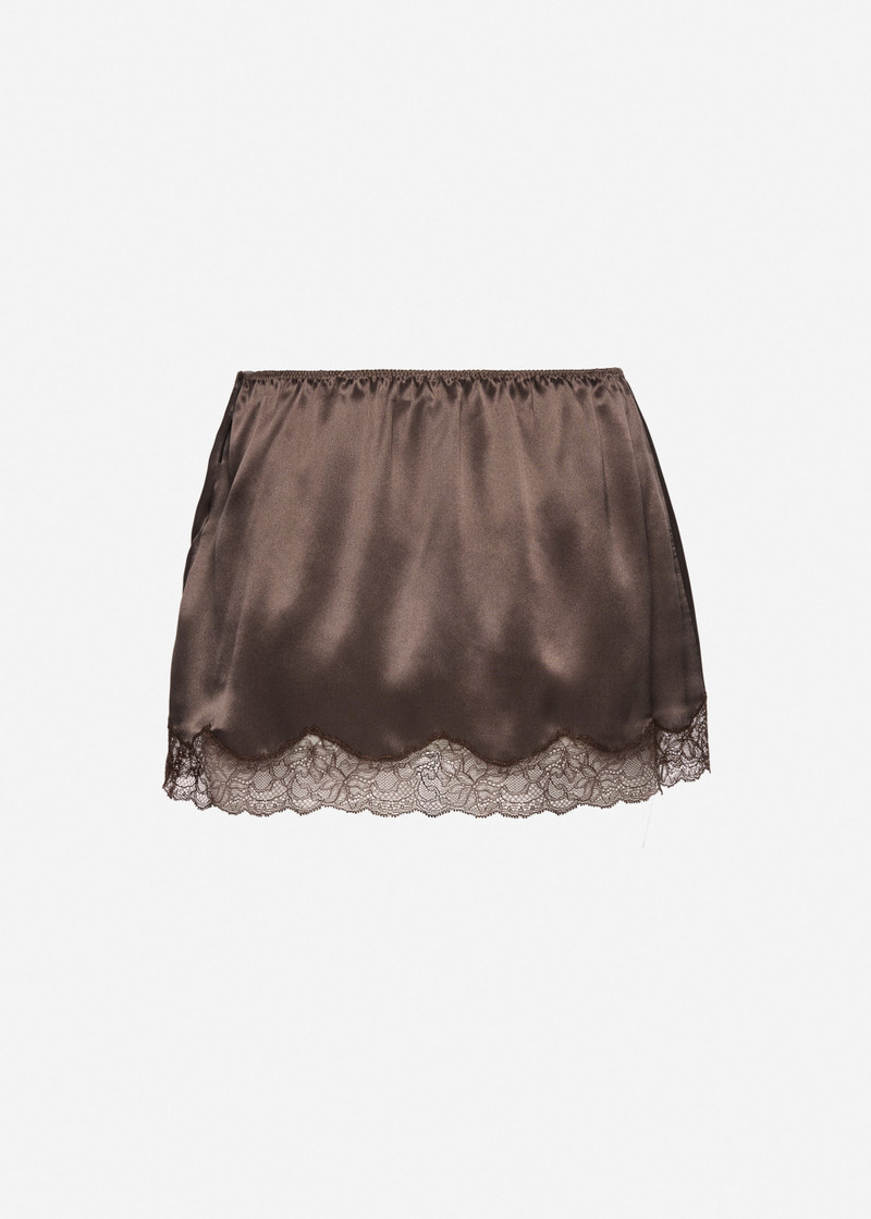 Mini slip skirt with lace-trimmed hem in brown 2