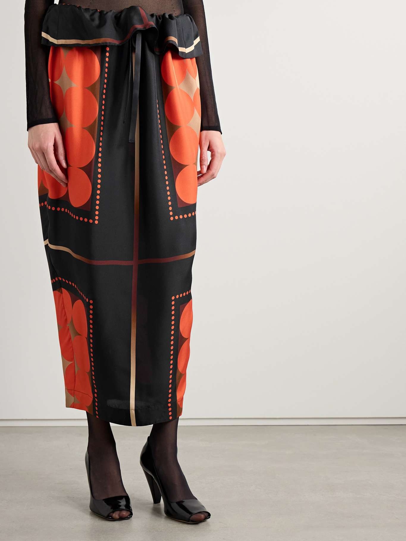 Lilila ruffled printed silk-twill midi skirt - 3