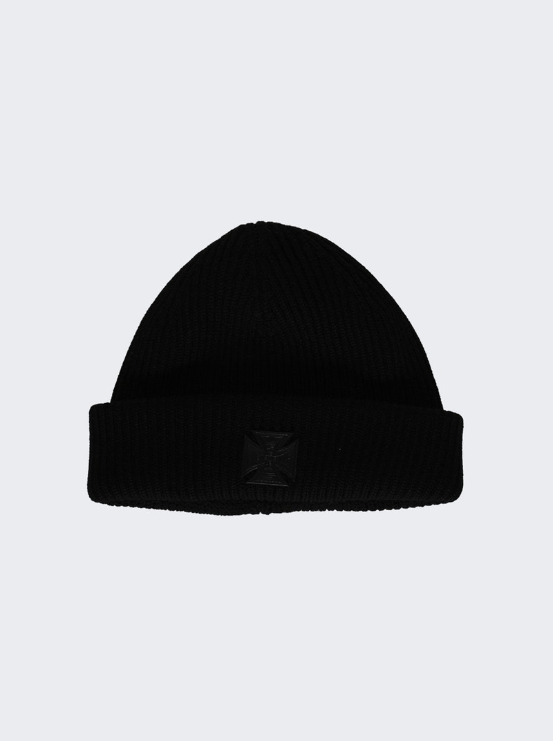 Leather Biker Cross Label Beanie Black 1