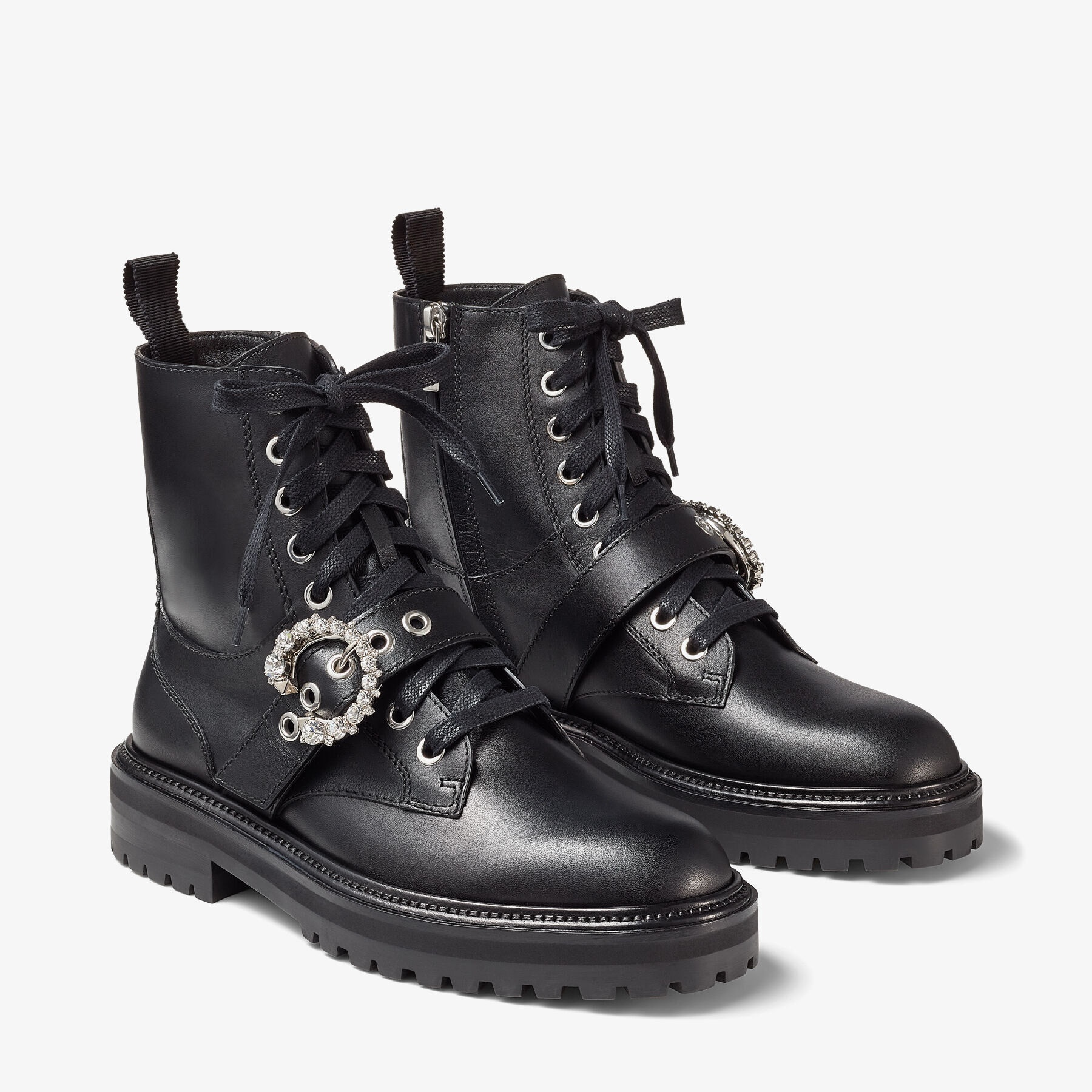 Cora Flat
Black Soft Calf Leather Combat Boots with Crystal Buckle - 2