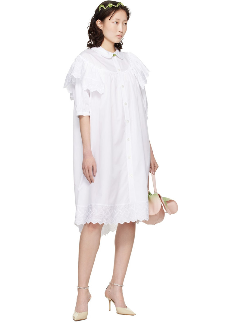 Simone Rocha White Puff Sleeve Ruffle Frill Trim Shirt Midi Dress outlook