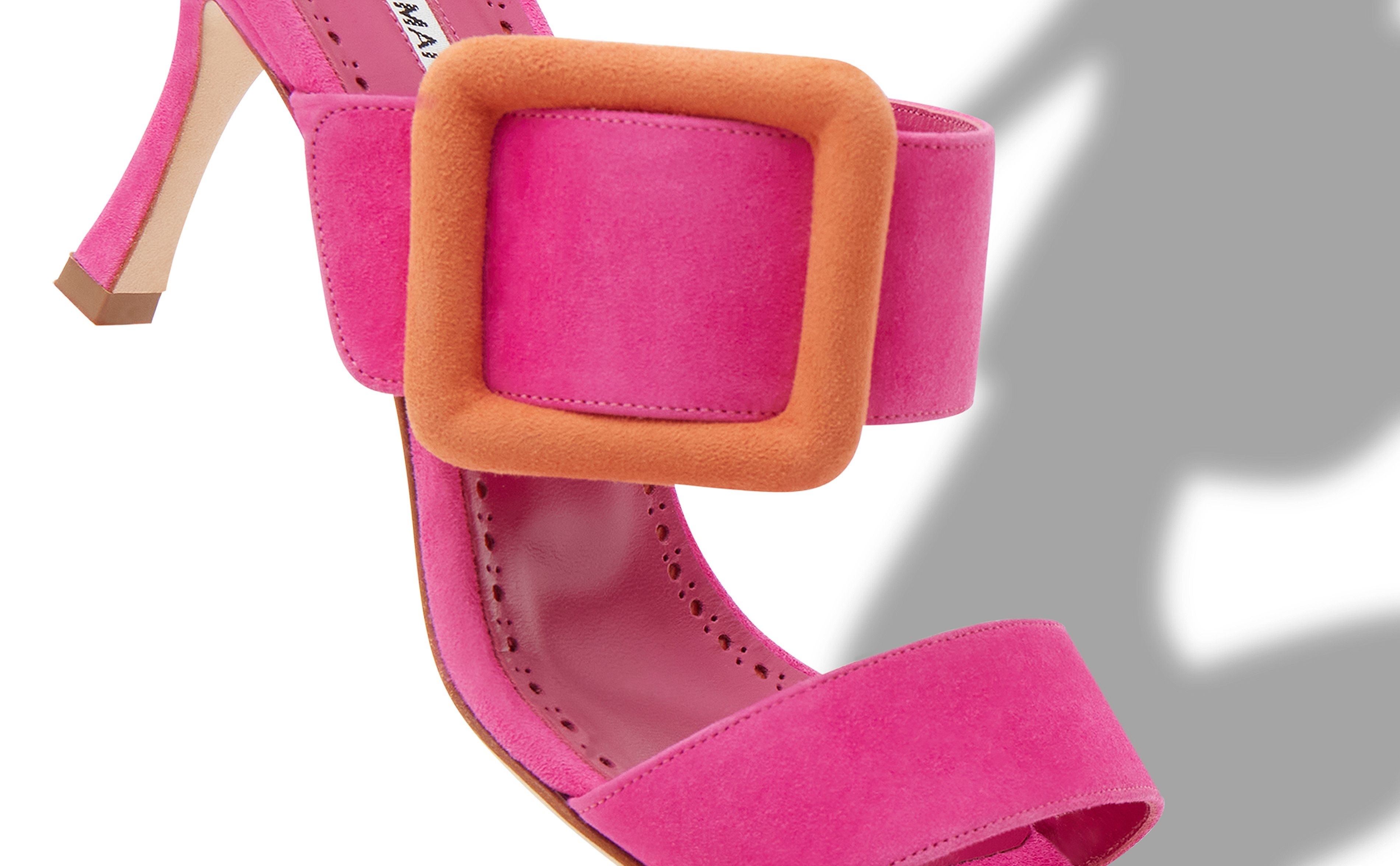 Bright Pink and Orange Suede Buckle Mules - 4