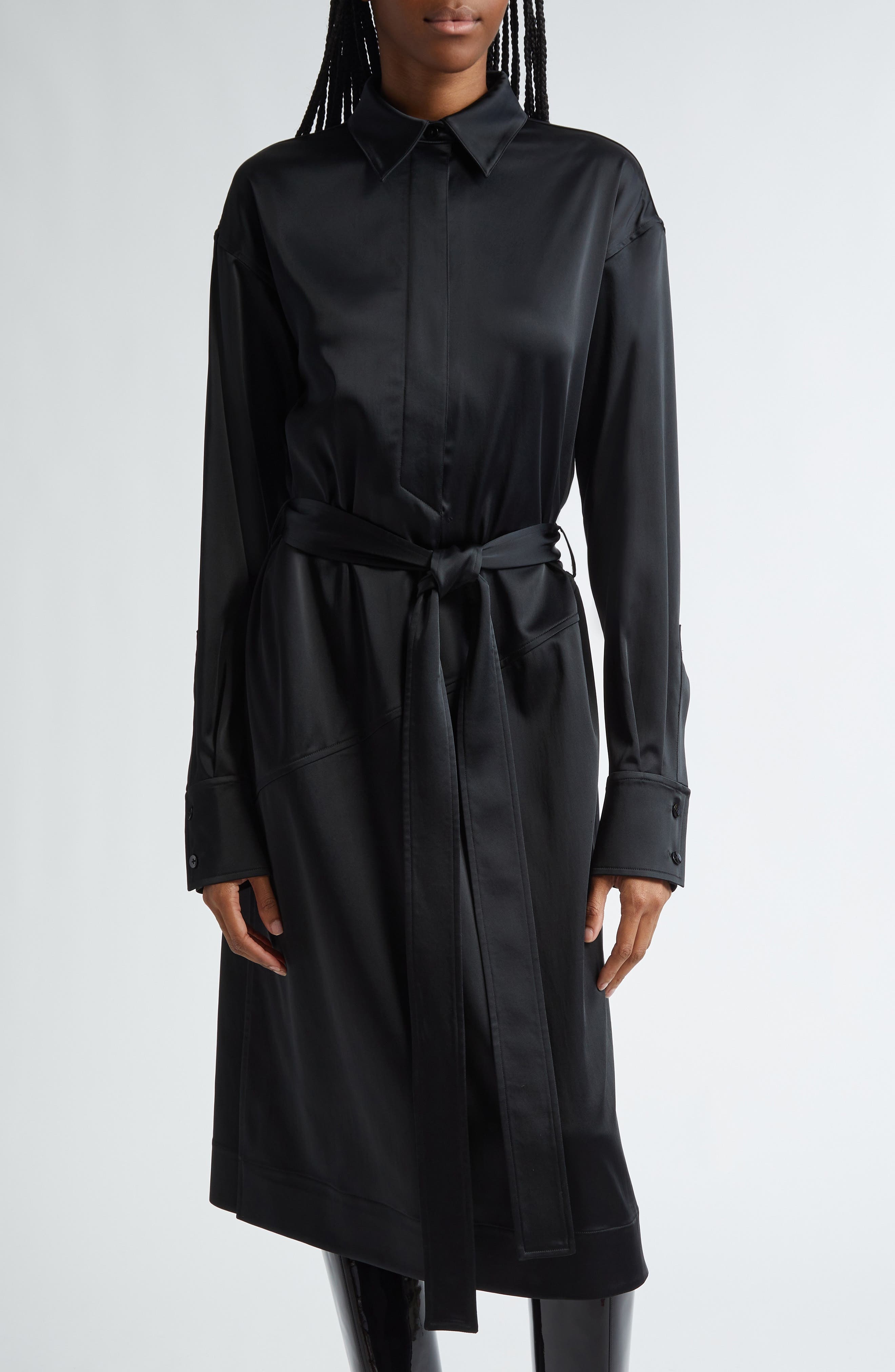 Proenza Schouler Andy Belted Long Sleeve Satin Shirtdress in Black at Nordstrom - 4