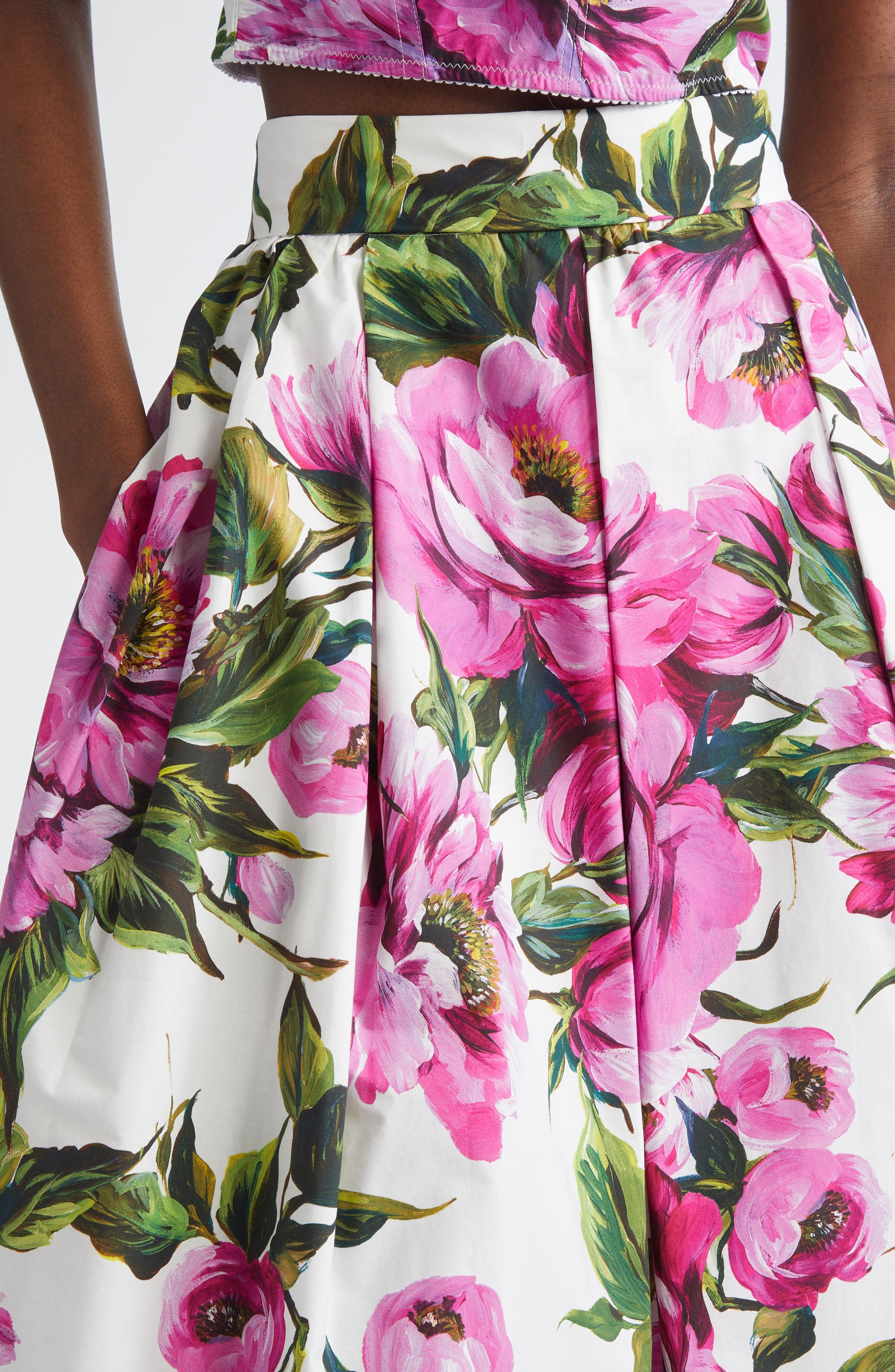Dolce&Gabbana Peony Print Pleated Cotton Poplin Skirt in Peonie Fuxia F.bianco at Nordstrom - 5