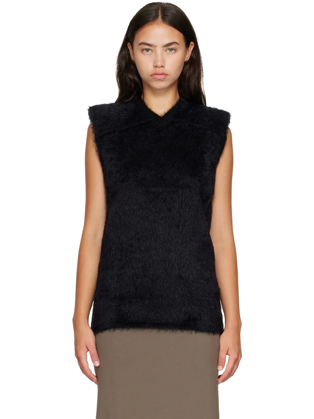Black Brushed Knit Sleeveless Vest - 1