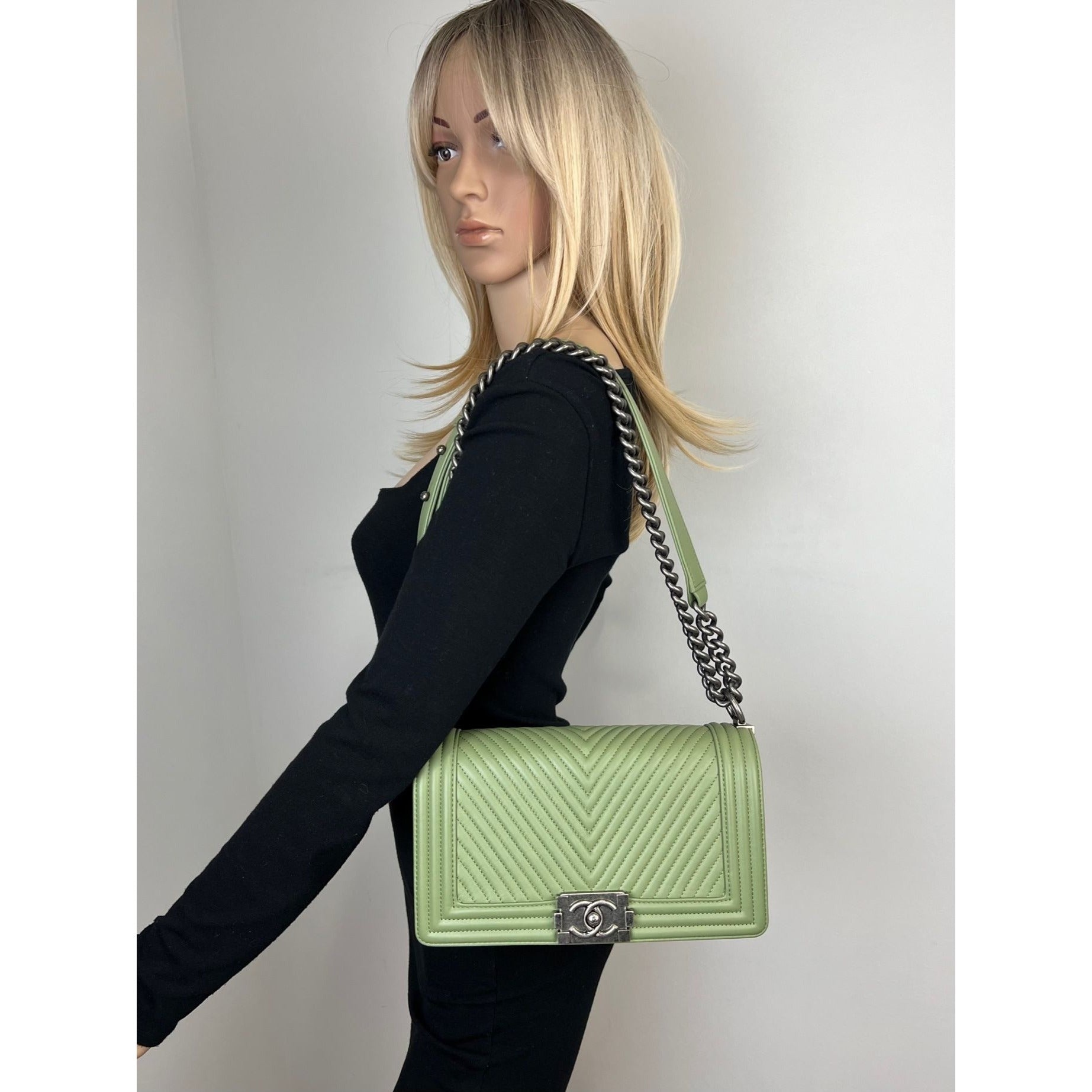 Chanel Calfskin Chevron Quilted Medium Boy Flap Light Green Bag - 7