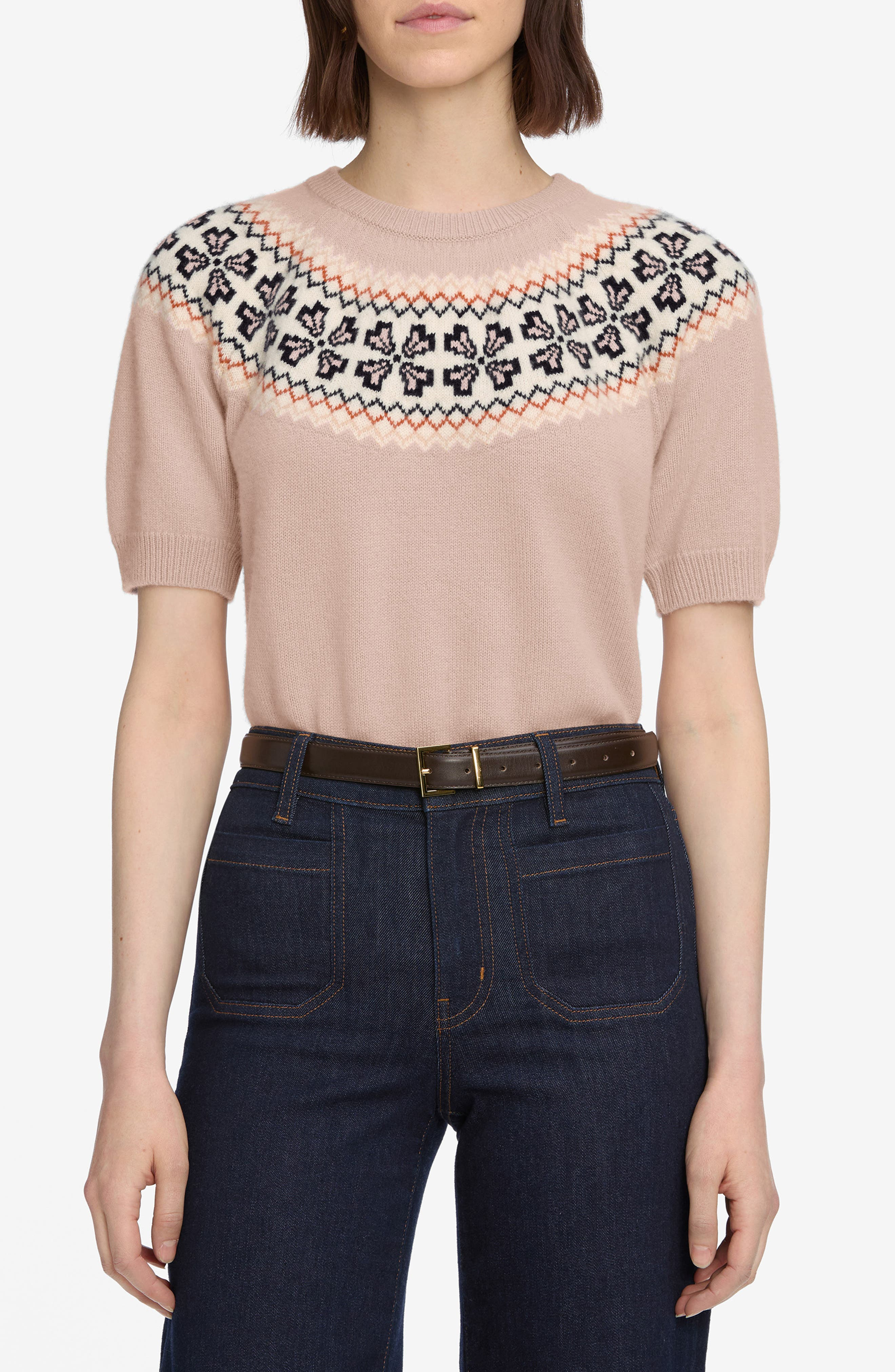 FRAME The Fair Isle Short Sleeve Cashmere Sweater in Pink Sand at Nordstrom - 1