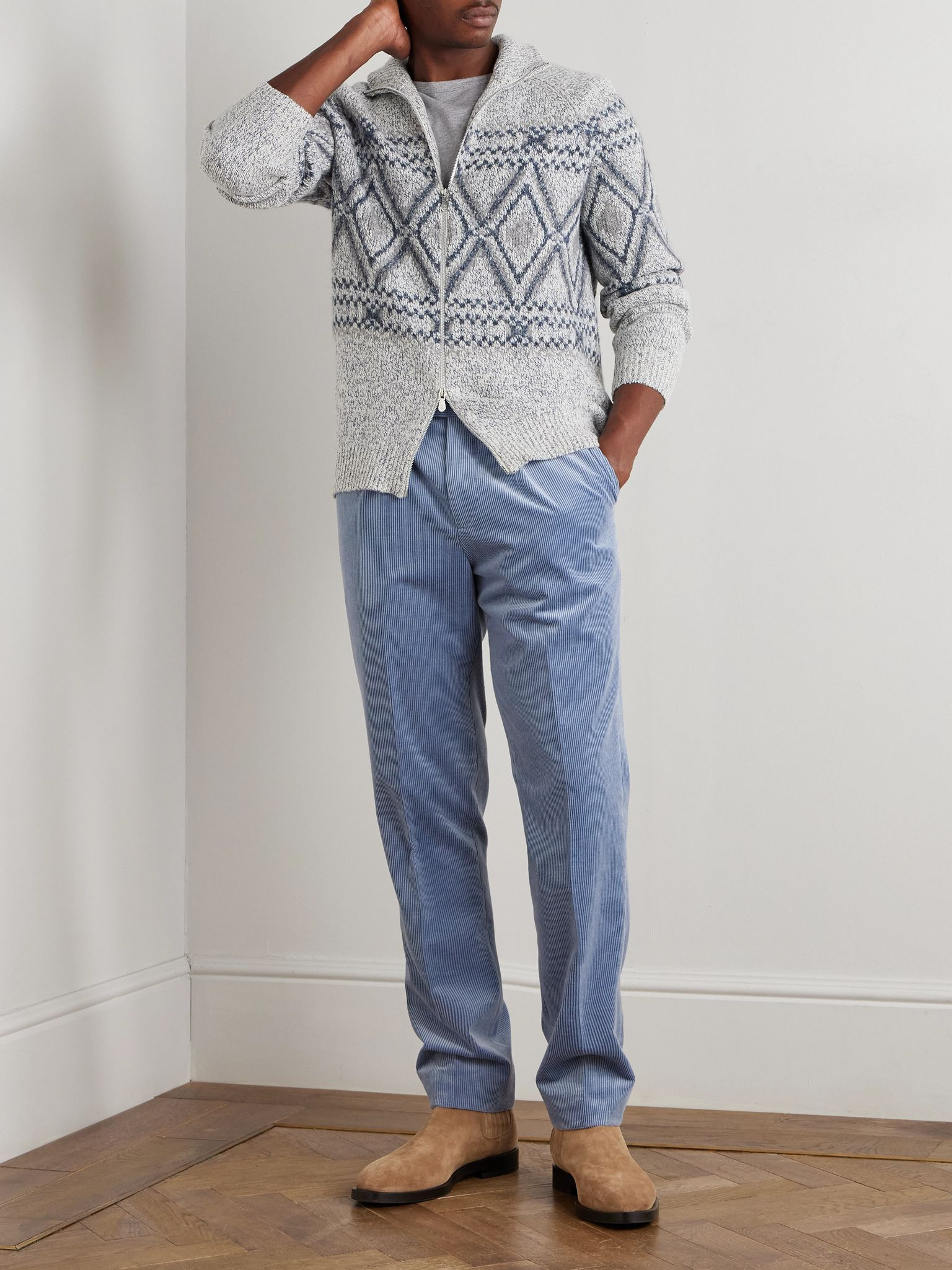 Straight-Leg Pleated Stretch Cotton and Cashmere-Blend Corduroy Suit Trousers Blue - 2