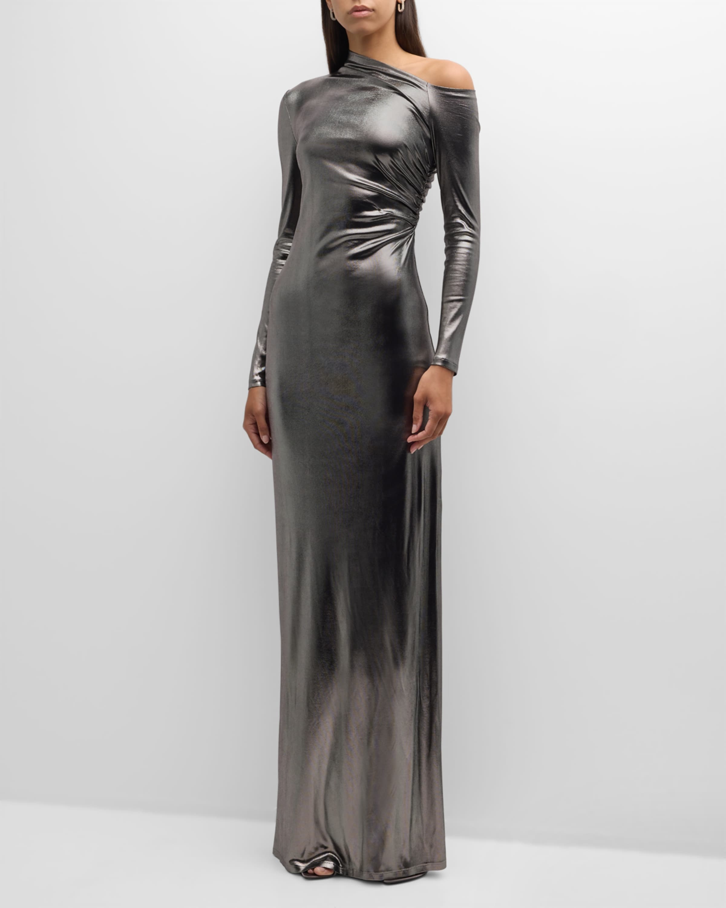 Metallic Long-Sleeve Ruched Gown - 2