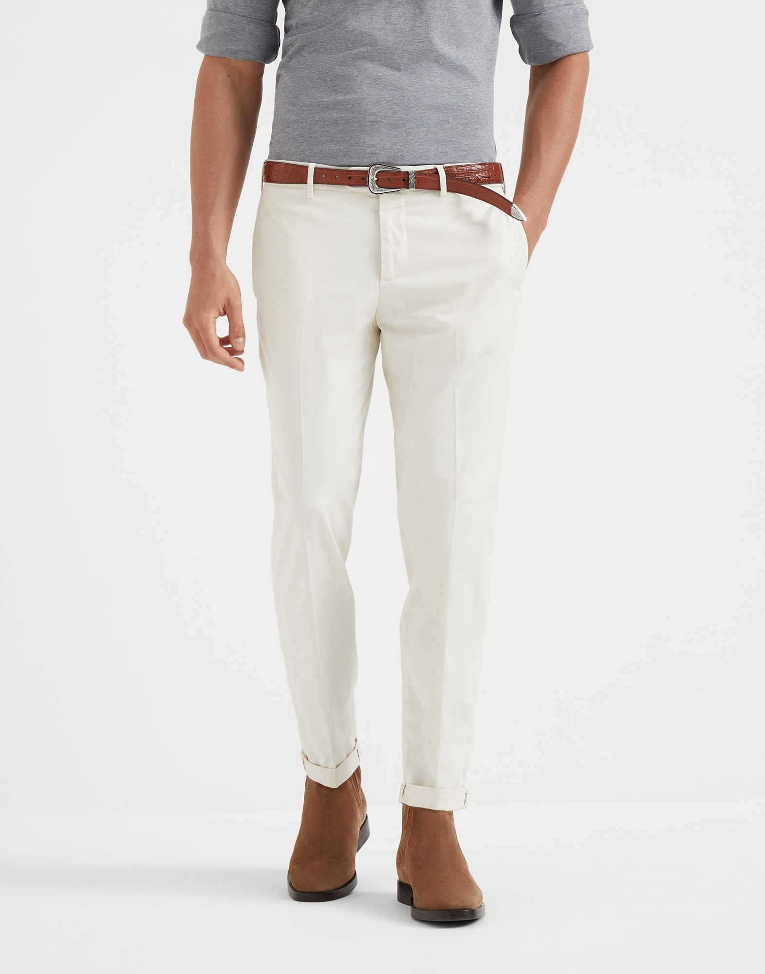 Garment-dyed Italian fit trousers in American Pima comfort cotton gabardine - 1