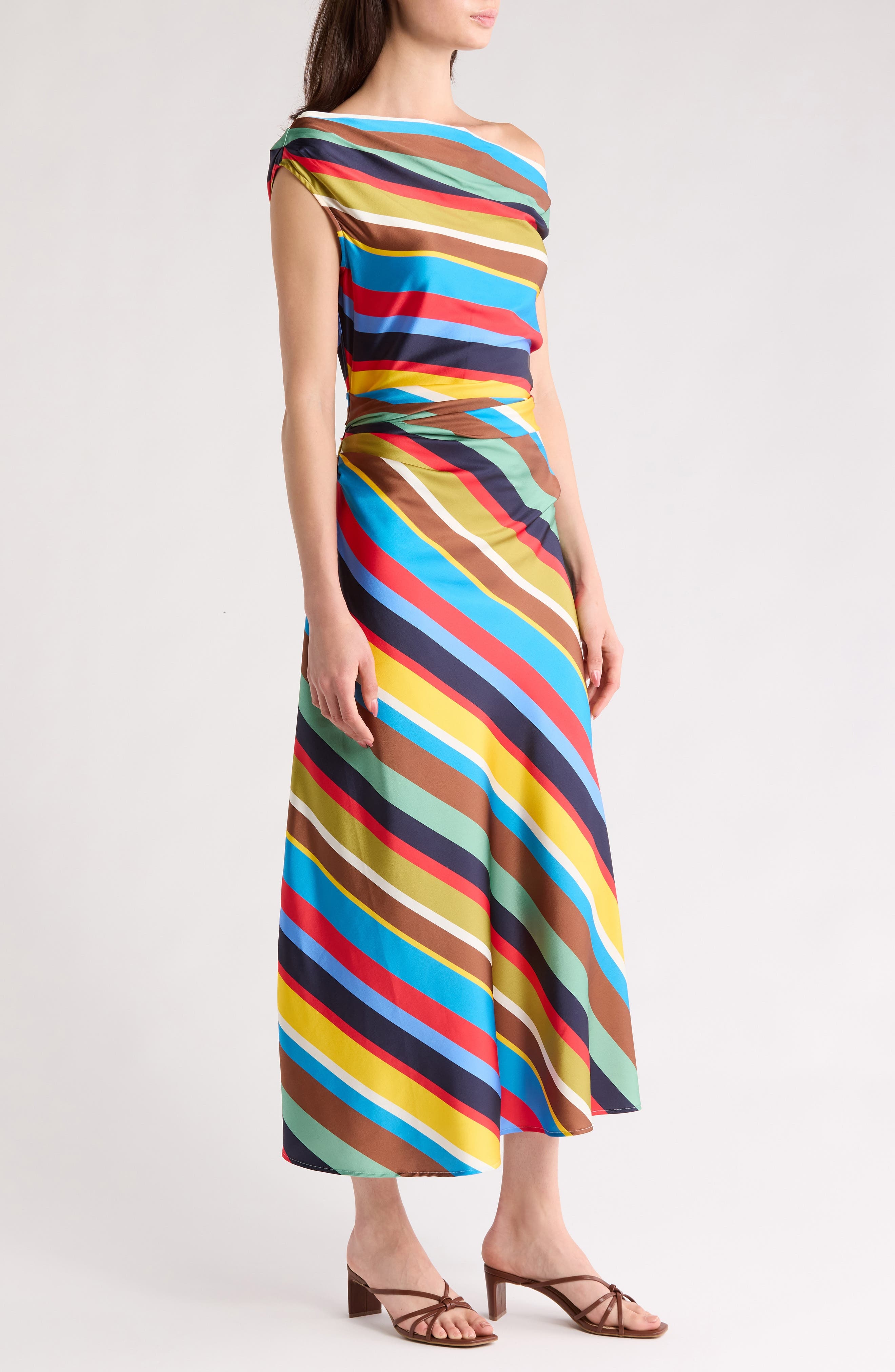 STAUD Phare One-Shoulder Stretch Silk Midi Dress in Market Stripe at Nordstrom - 3