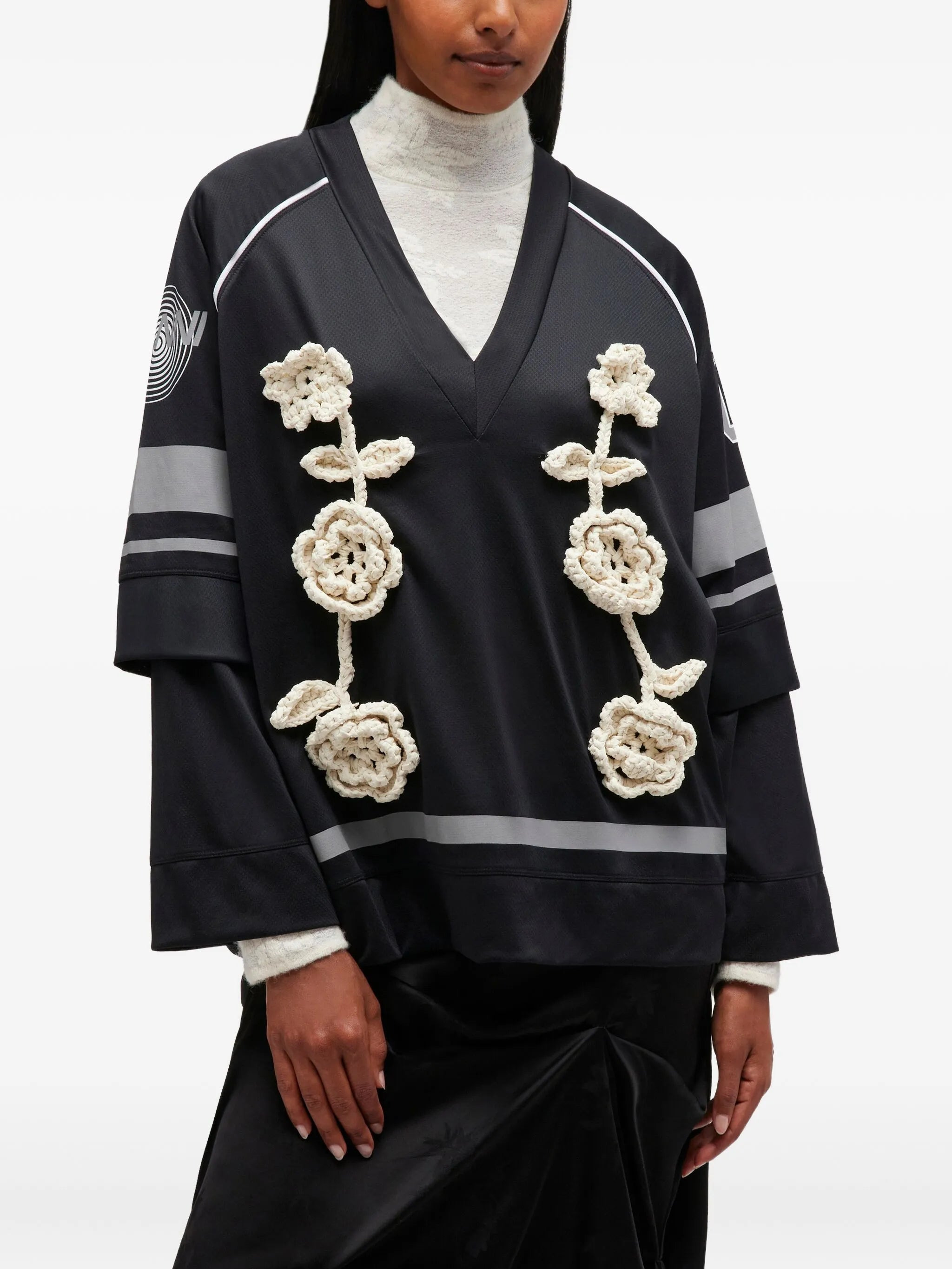 crocheted-flower jersey top - 3