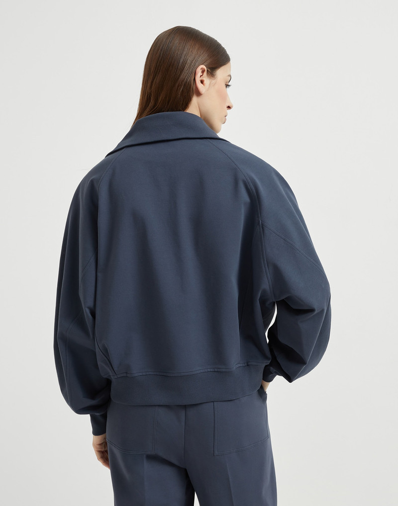 Brunello Cucinelli Stretch cotton lightweight French terry sweatshirt with zip and shiny flap detail outlook