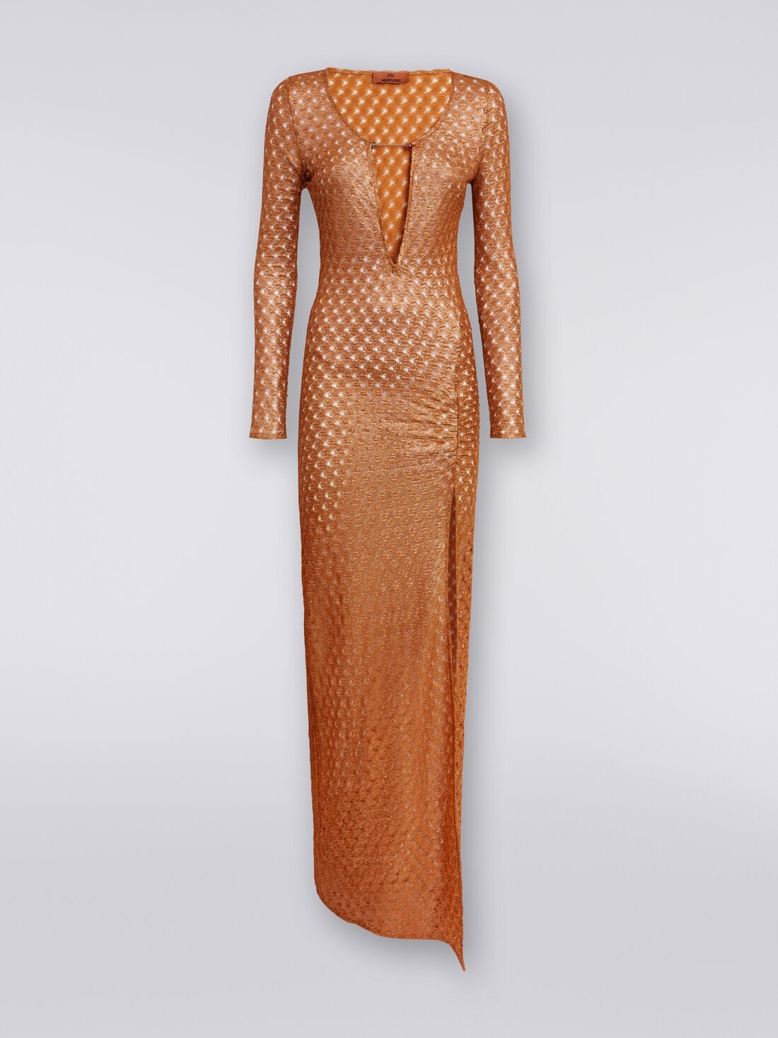 Long lace-effect dress with V neckline and appliqués - 1